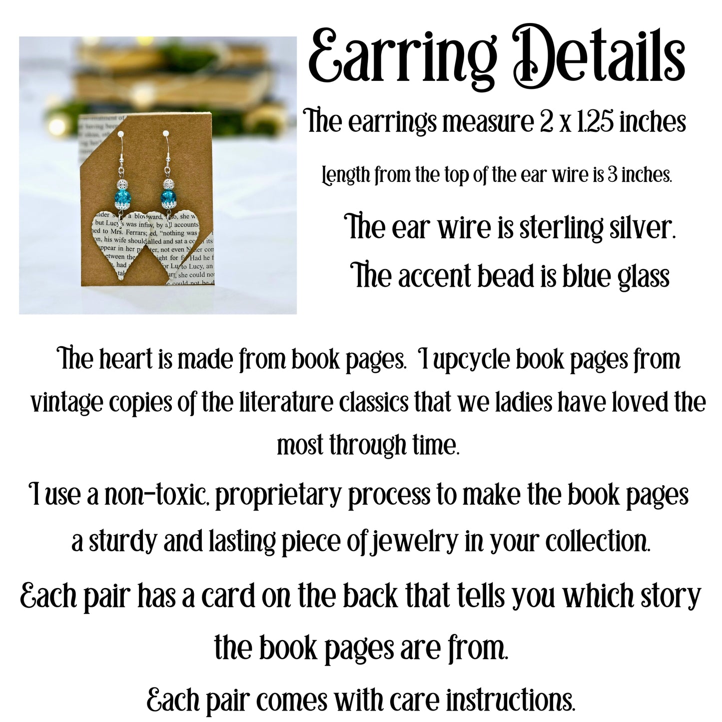 Heart Dangle Book Page Earrings for Teacher Appreciation Gift, Book Club Gift Exchange or 1st Anniversary Gift
