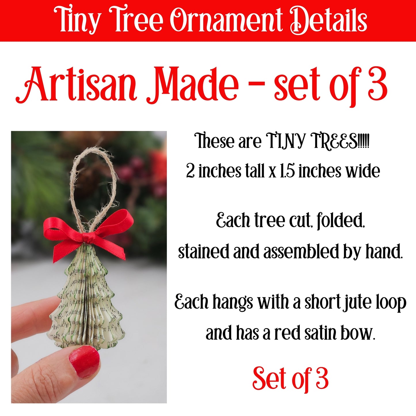 Tiny Book Page Christmas Tree Ornaments, Set of 3