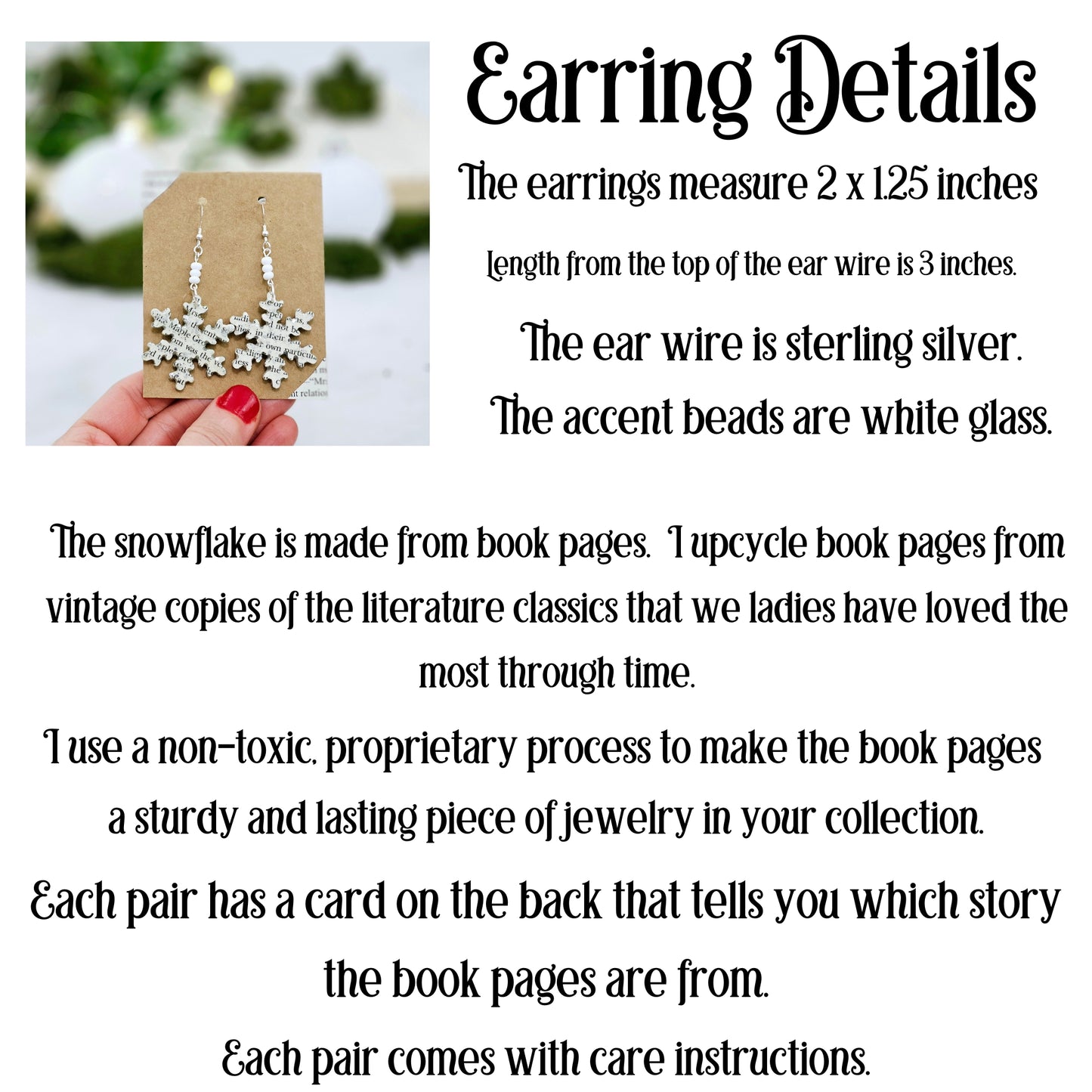 Snowflake Book Page Dangle Earrings for Book Lover Christmas Gift, Book Club Gift Exchange