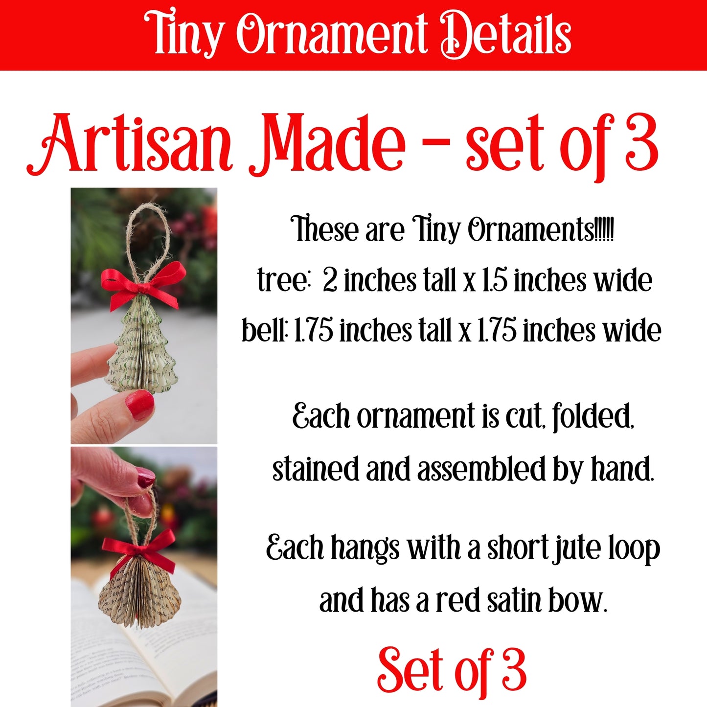 Tiny Book Page Christmas Tree Ornaments, Set of 3, Trees and Bell