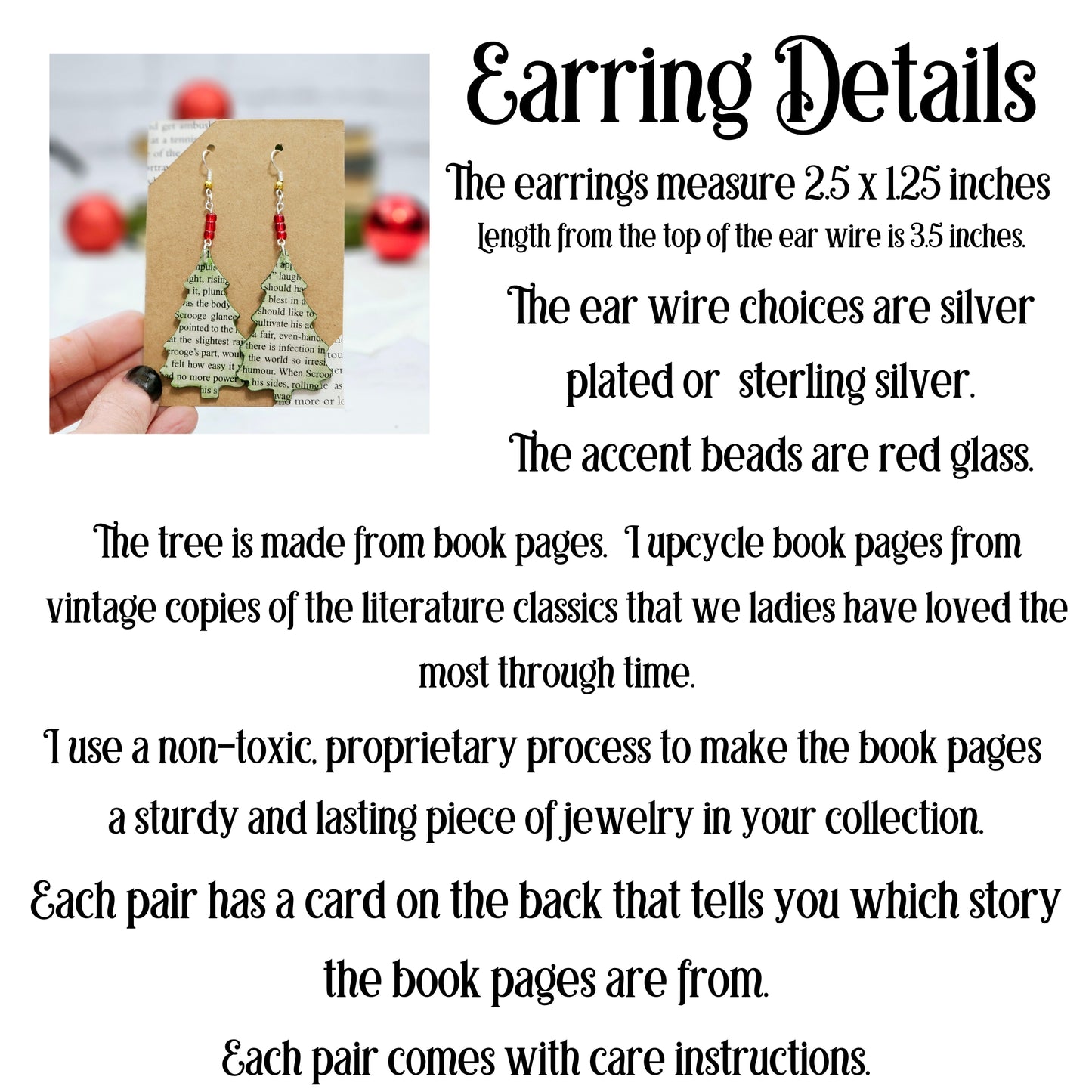 Christmas Tree Book Page Earrings for Book Lovers, Teacher Gifts and Book Club Gift Exchange