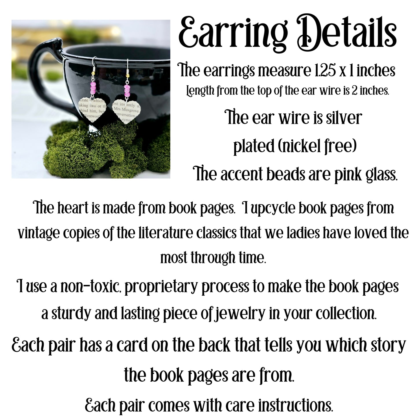 Heart Dangle Book Page Earrings for Book Lover, Teacher, 1st Anniversary or Book Club Gift