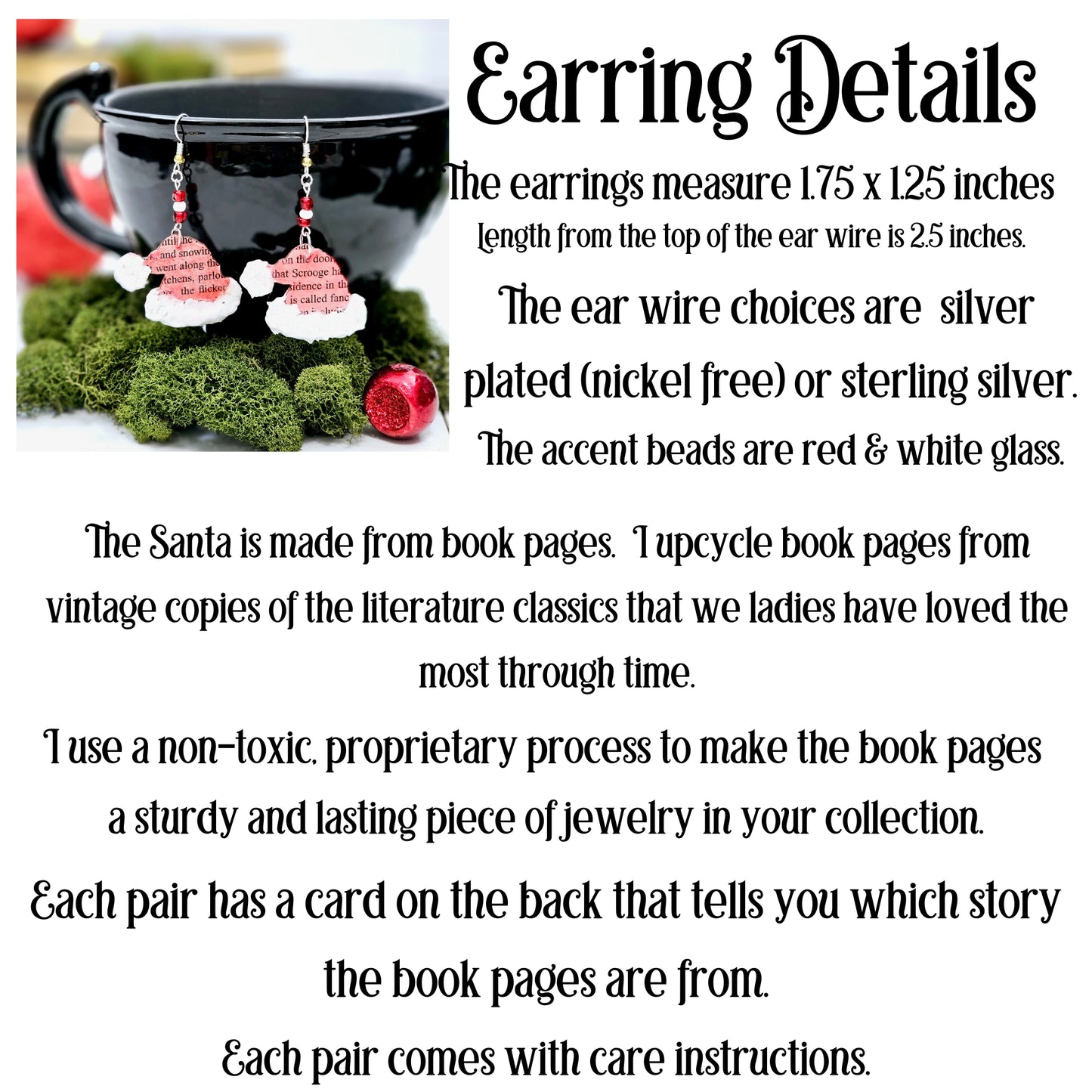 Santa Hat Book Page Earrings for Book Club Gift Exchange and Teacher Gifts