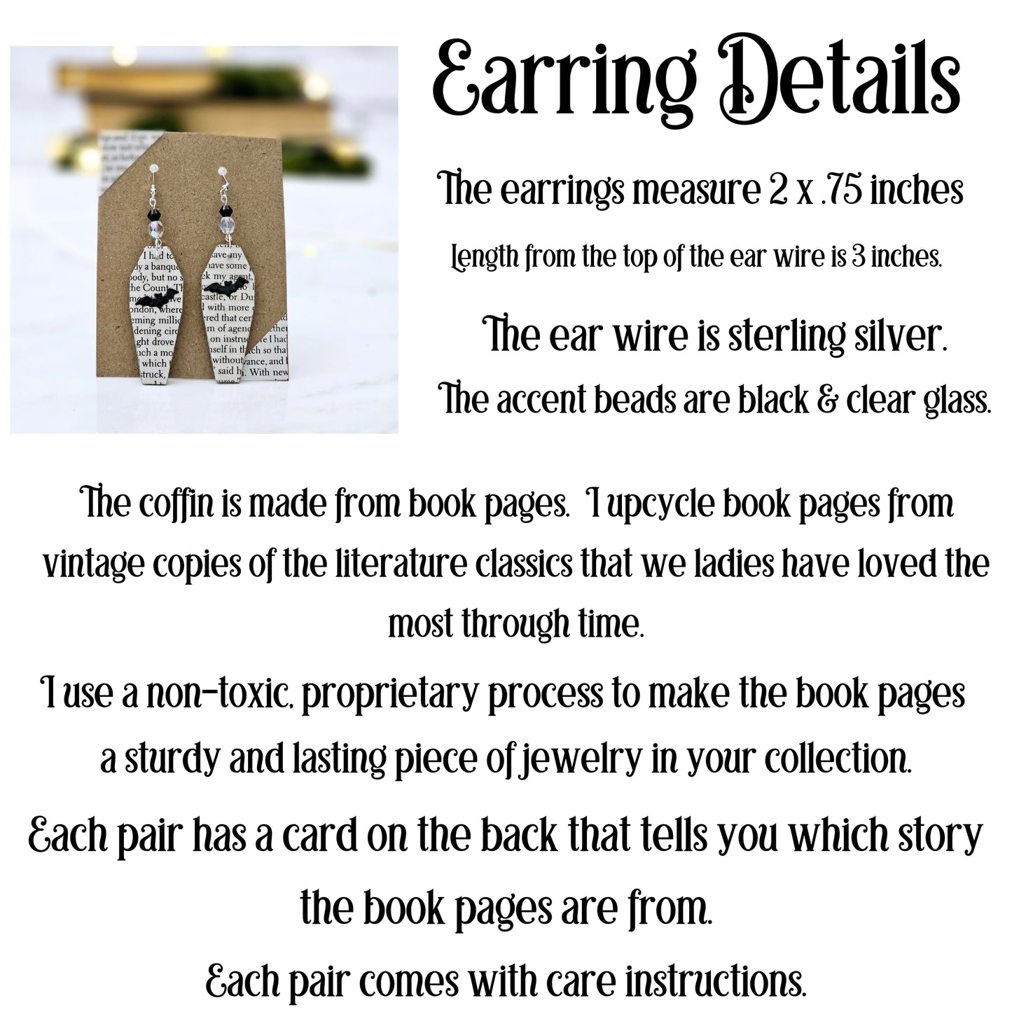 Coffin Book Page Earrings, Gothic Core Jewelry, Vampire Earrings