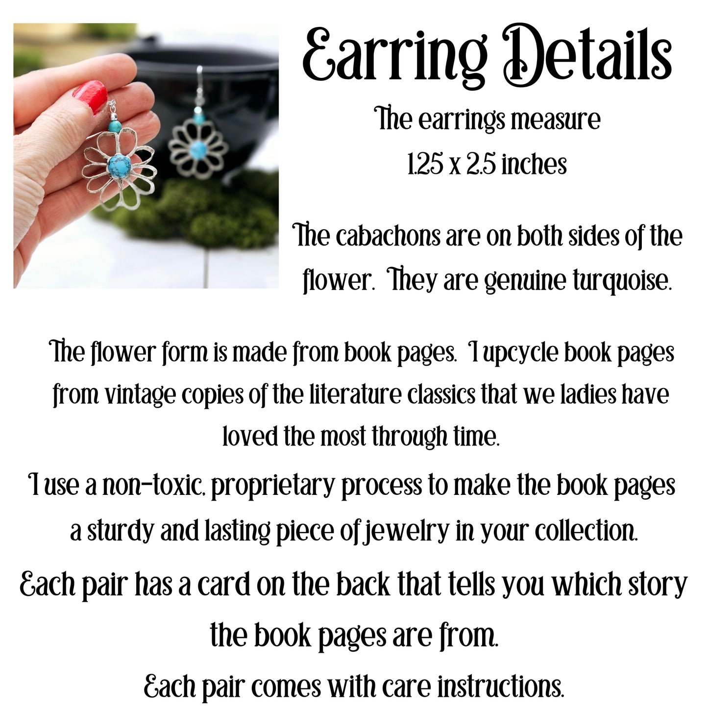 Flower Dangle Book Page Earring with Turquoise Cabachon, Gift for Book Lover