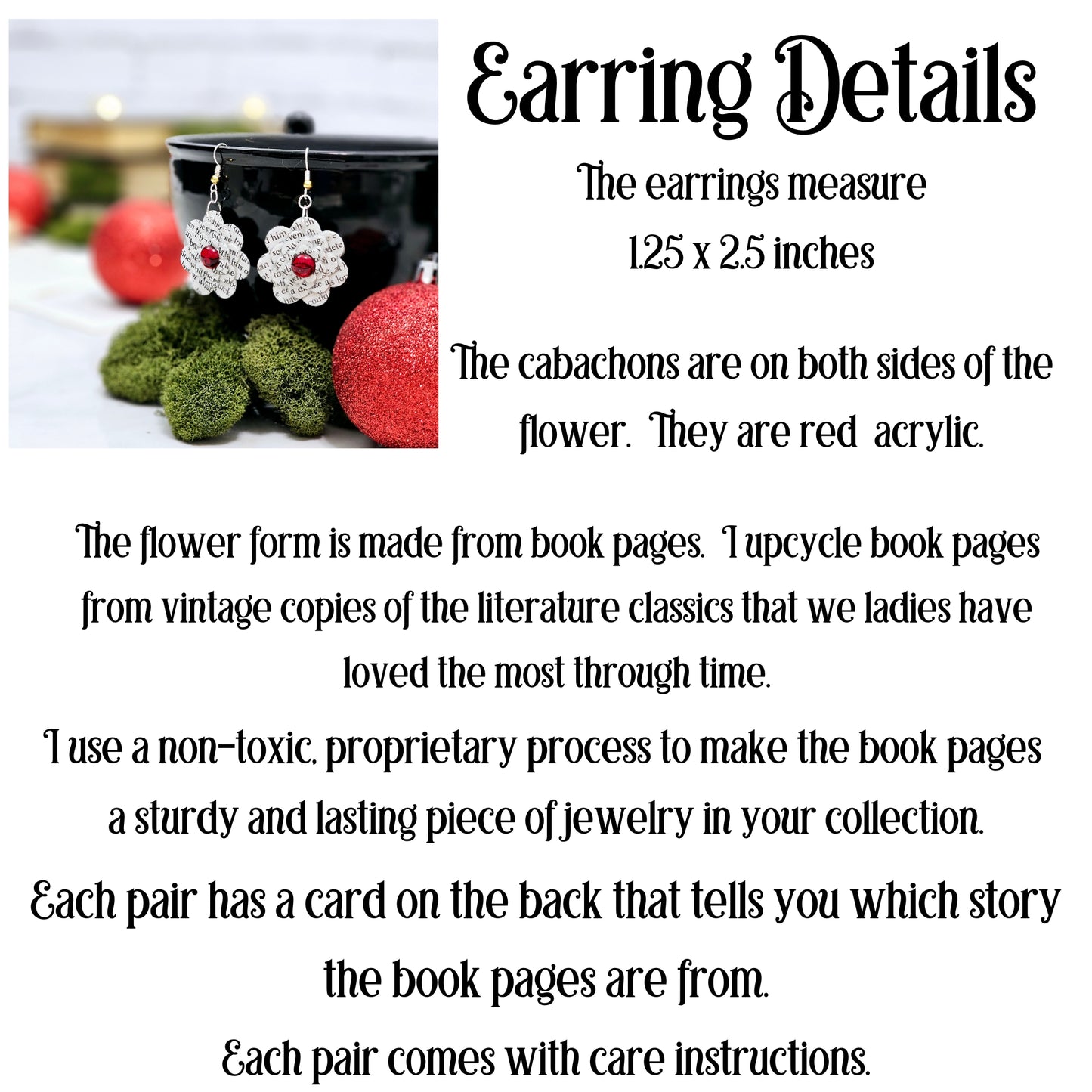 Flower Dangle Book Page Earrings with Red Accent
