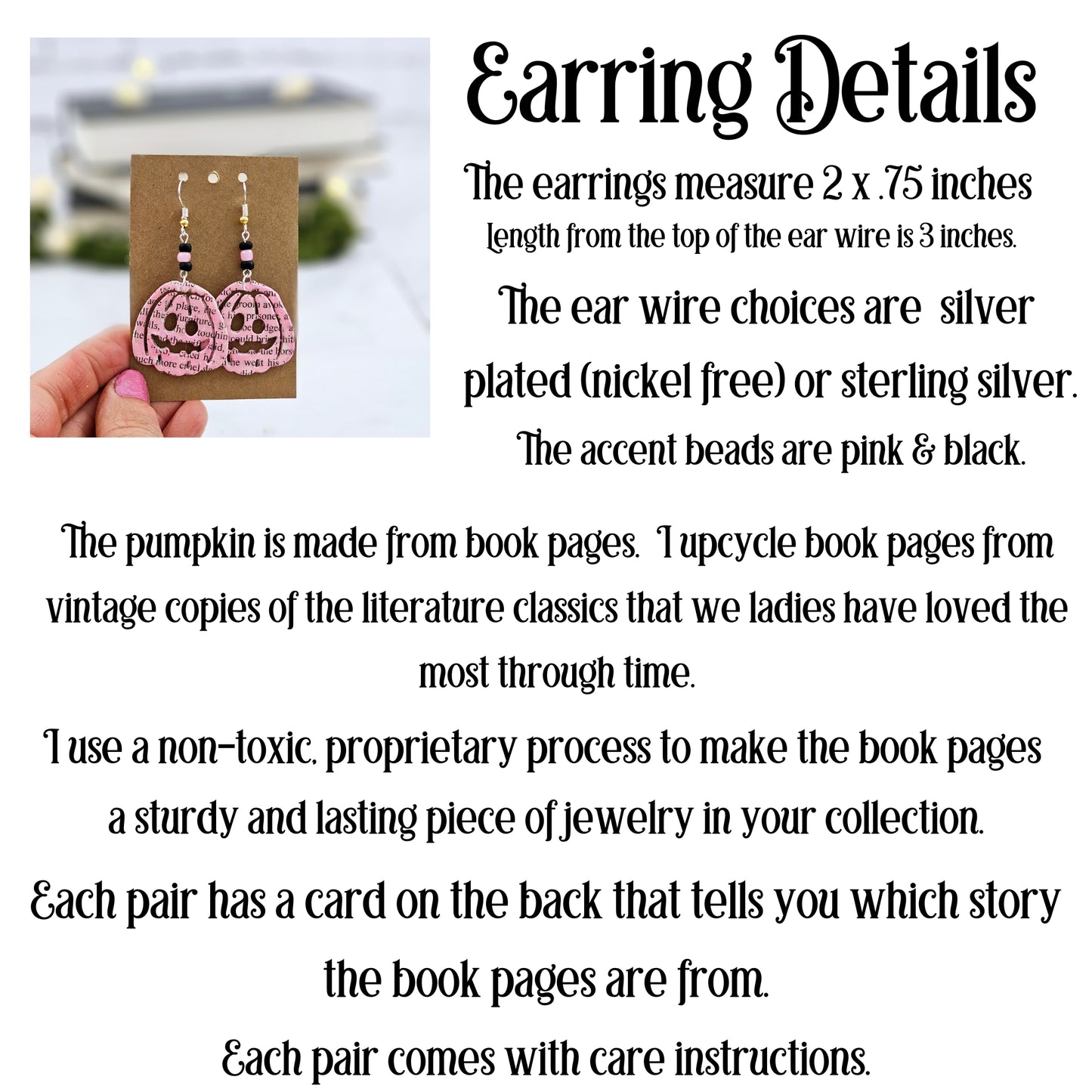 Pink Pumpking dangle earrings made with upcycled book pages. Ear wire choices are sterling silver or silver plated. Each pair comes with care instructions.