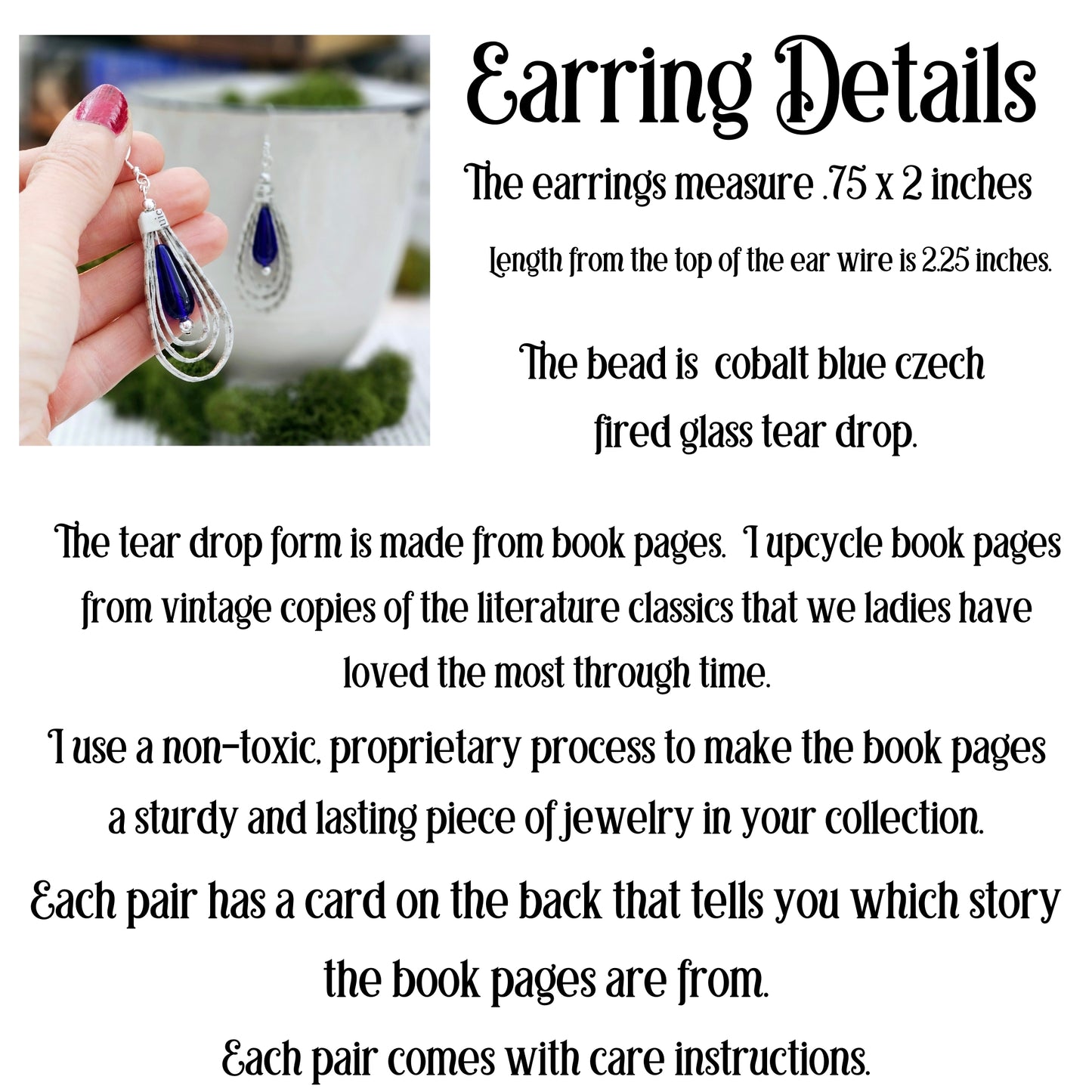 the gbead is cobalt blue czech fired glass. The tear drop is made from book pages taken from literary classics. each earring card states which book the earrings were made from.