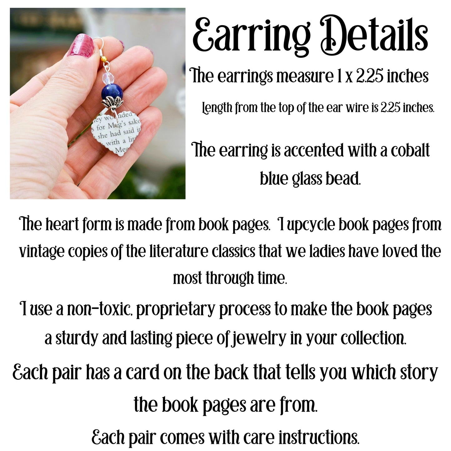 Book Page Heart Dangle Earring with Blue Accent