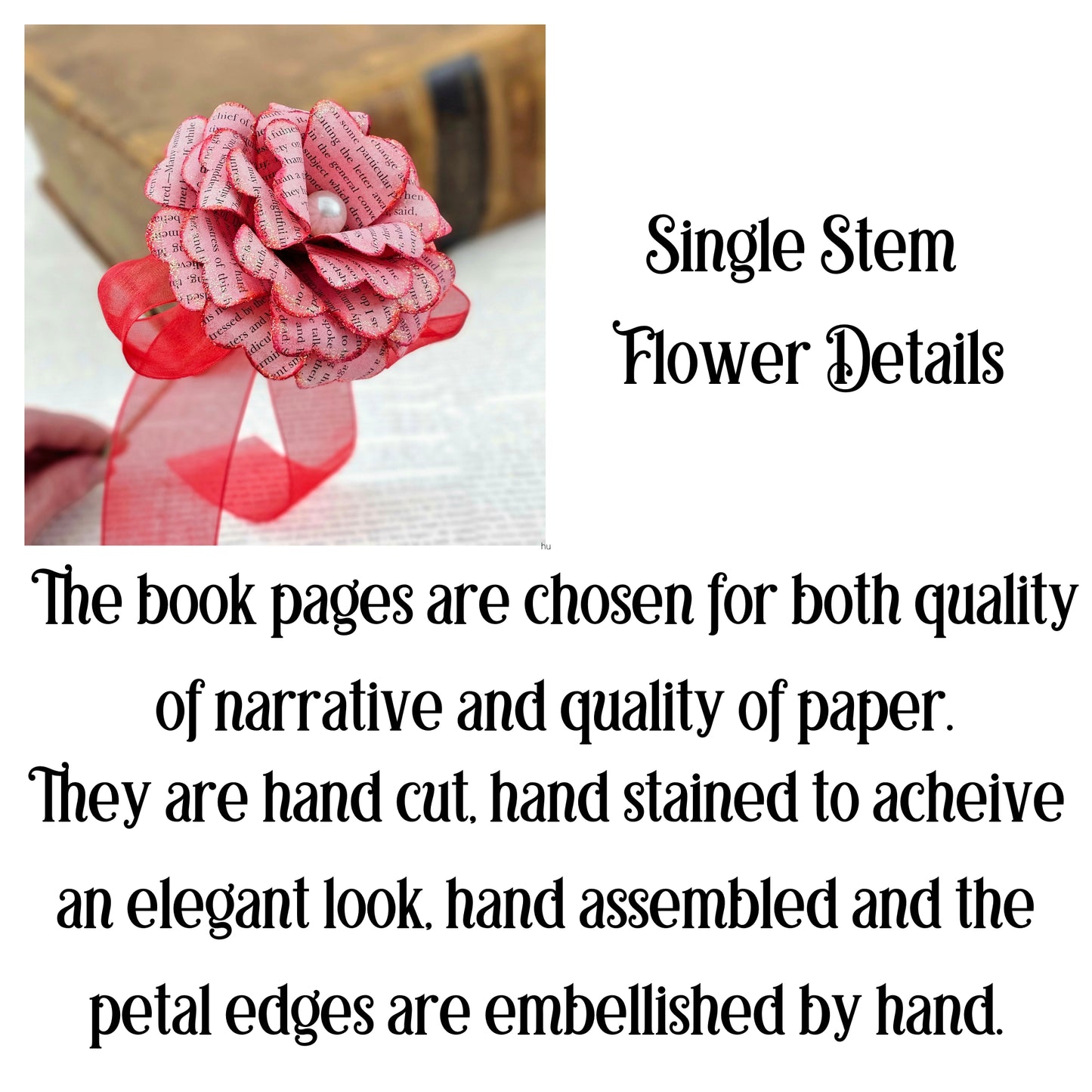 Red Single Stem Vintage Book Page Roses