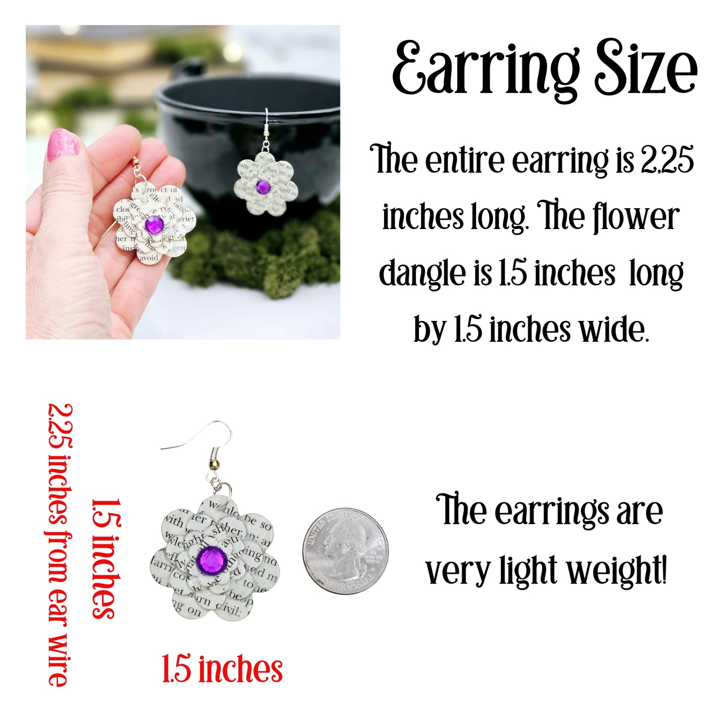 Flower Dangle Book Page Earrings