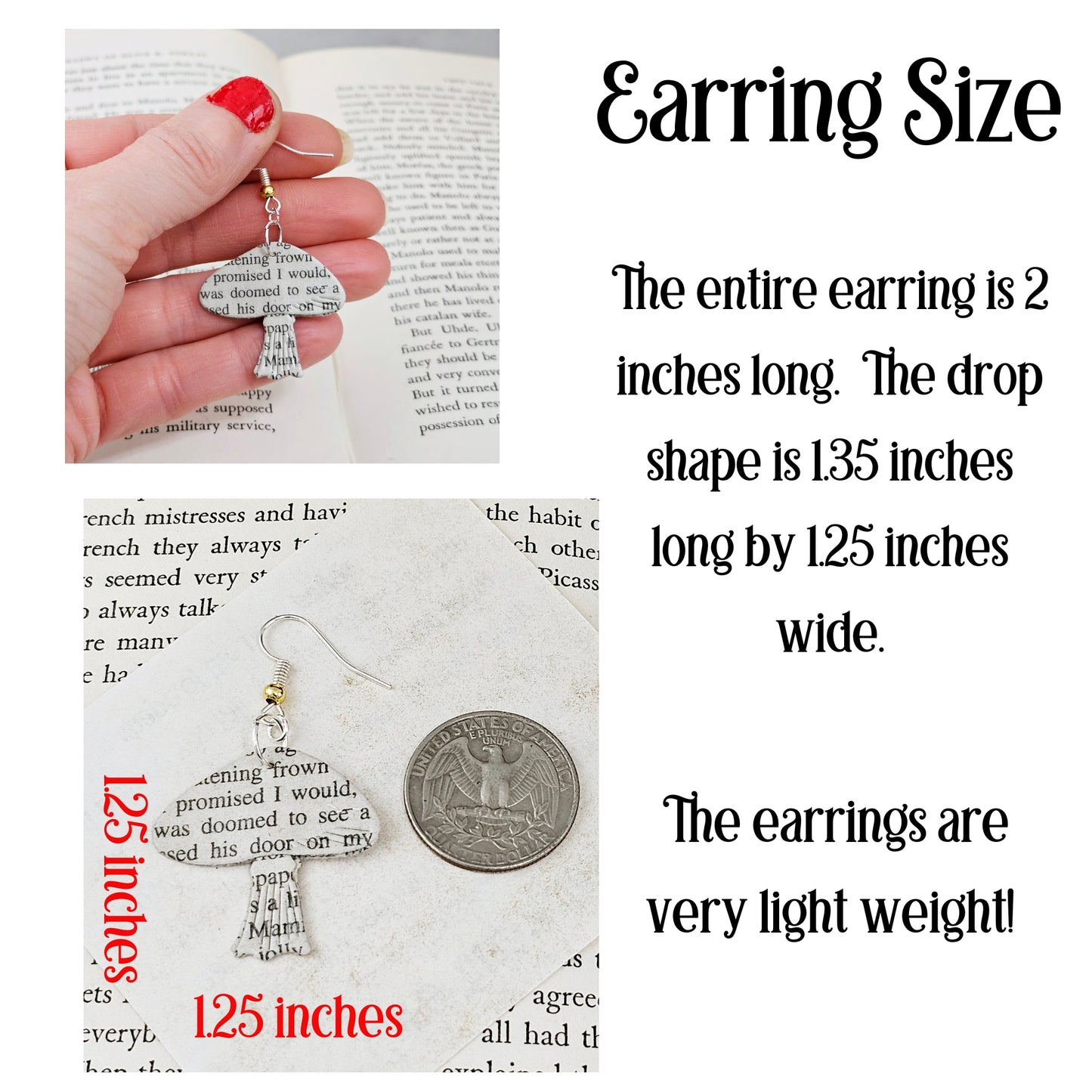 Mushroom Dangle Book Page Earrings for Teacher, Book Lover or Book Club Gift