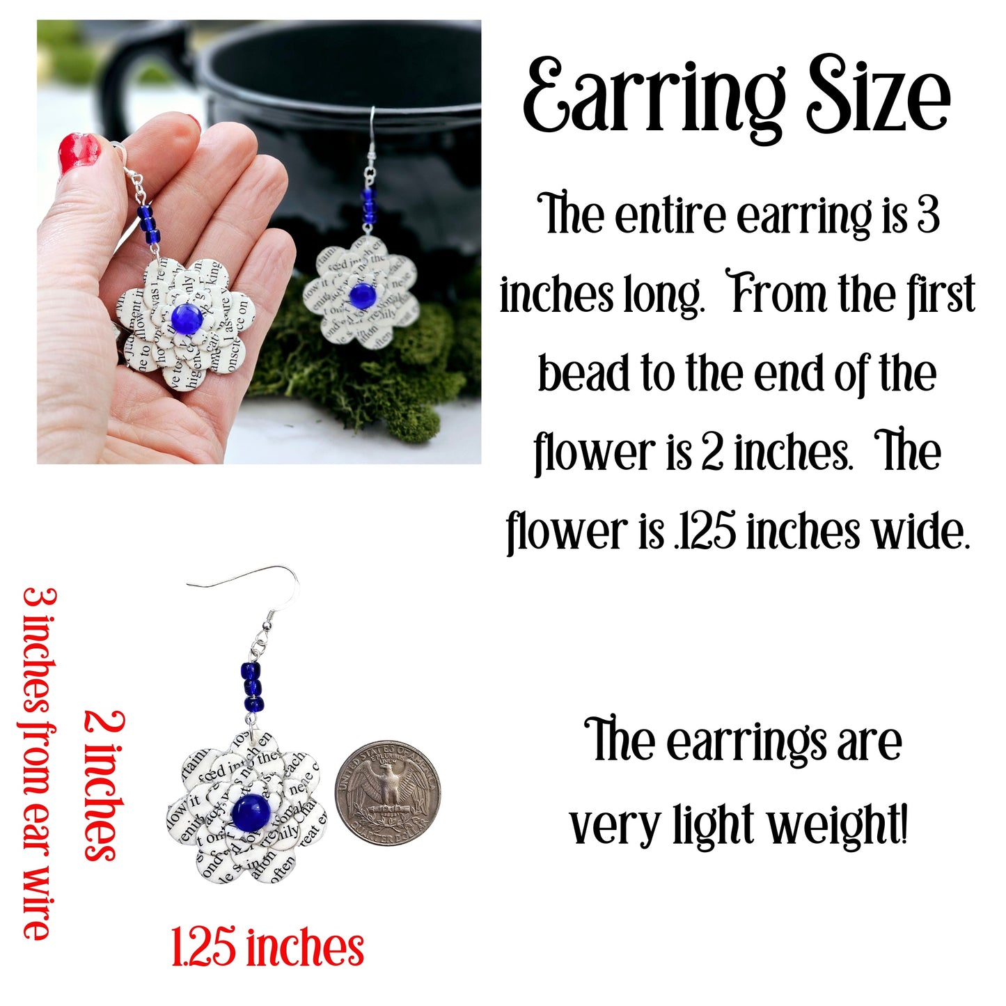 Flower Dangle Book Page Earrings for Teacher Appreciation, Book Lover or Book Club Gift Idea