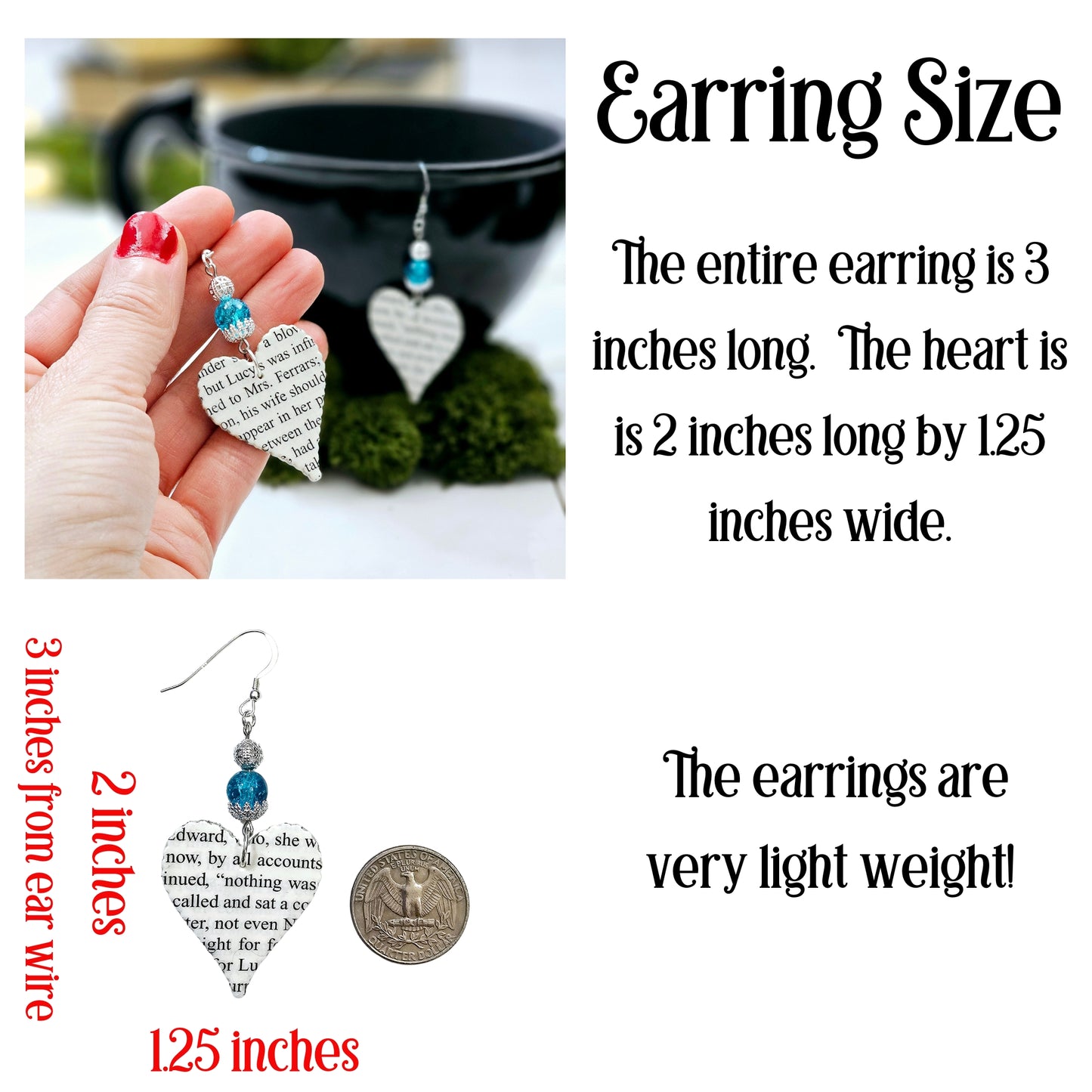 Heart Dangle Book Page Earrings for Teacher Appreciation Gift, Book Club Gift Exchange or 1st Anniversary Gift
