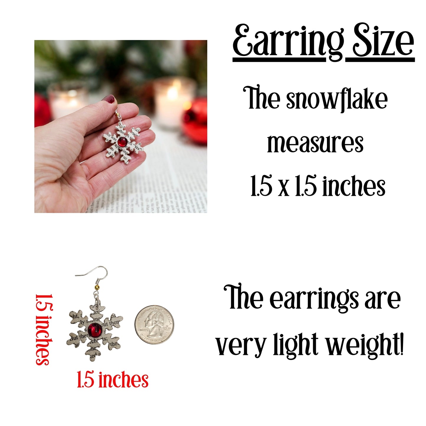 Snowflake Book Page Dangle Earring with Red Accent