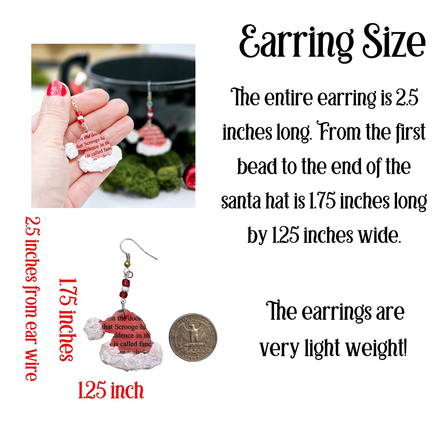 Santa Hat Book Page Earrings for Book Club Gift Exchange and Teacher Gifts