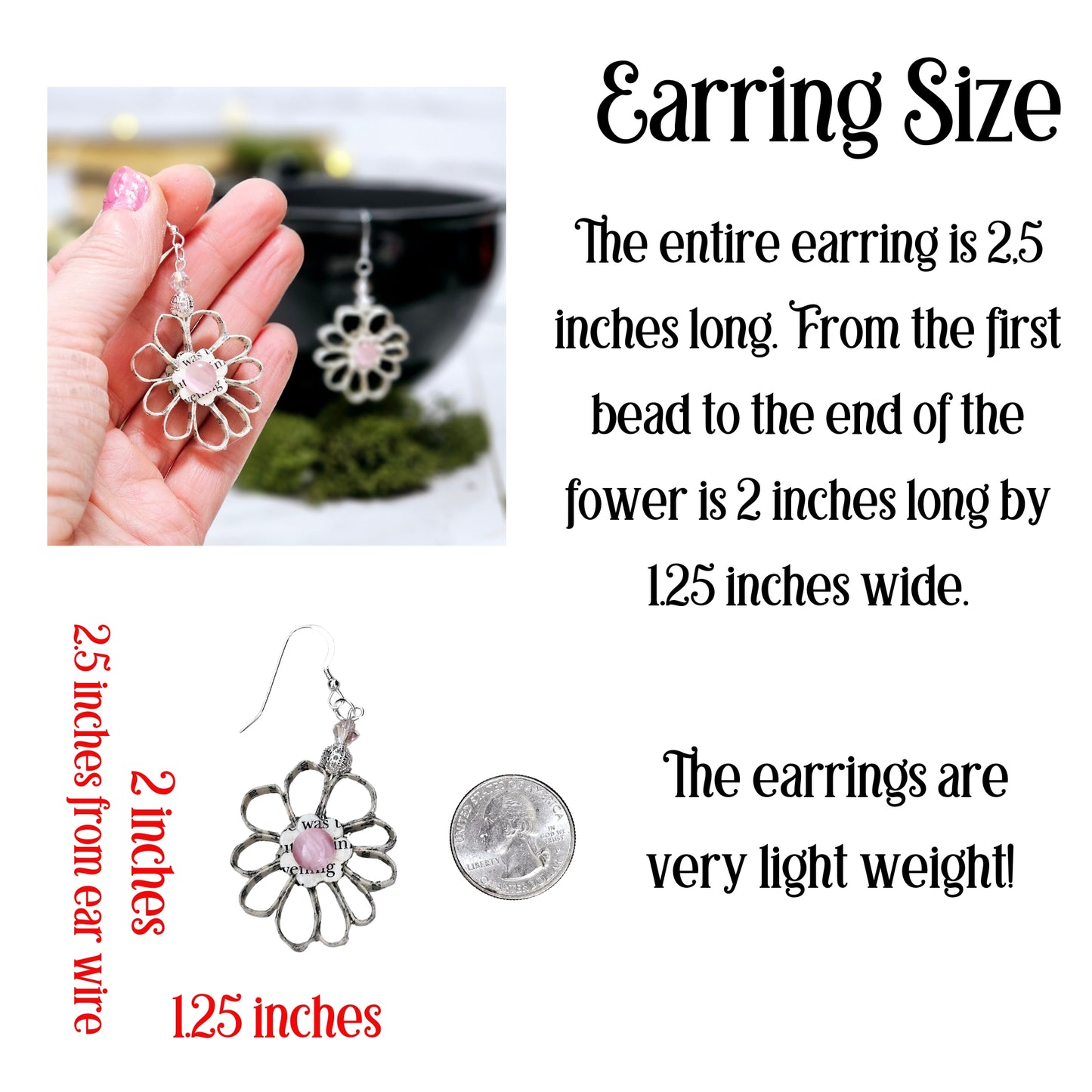 Flower Dangle Book Page Earrings for Book Lover Gift Idea
