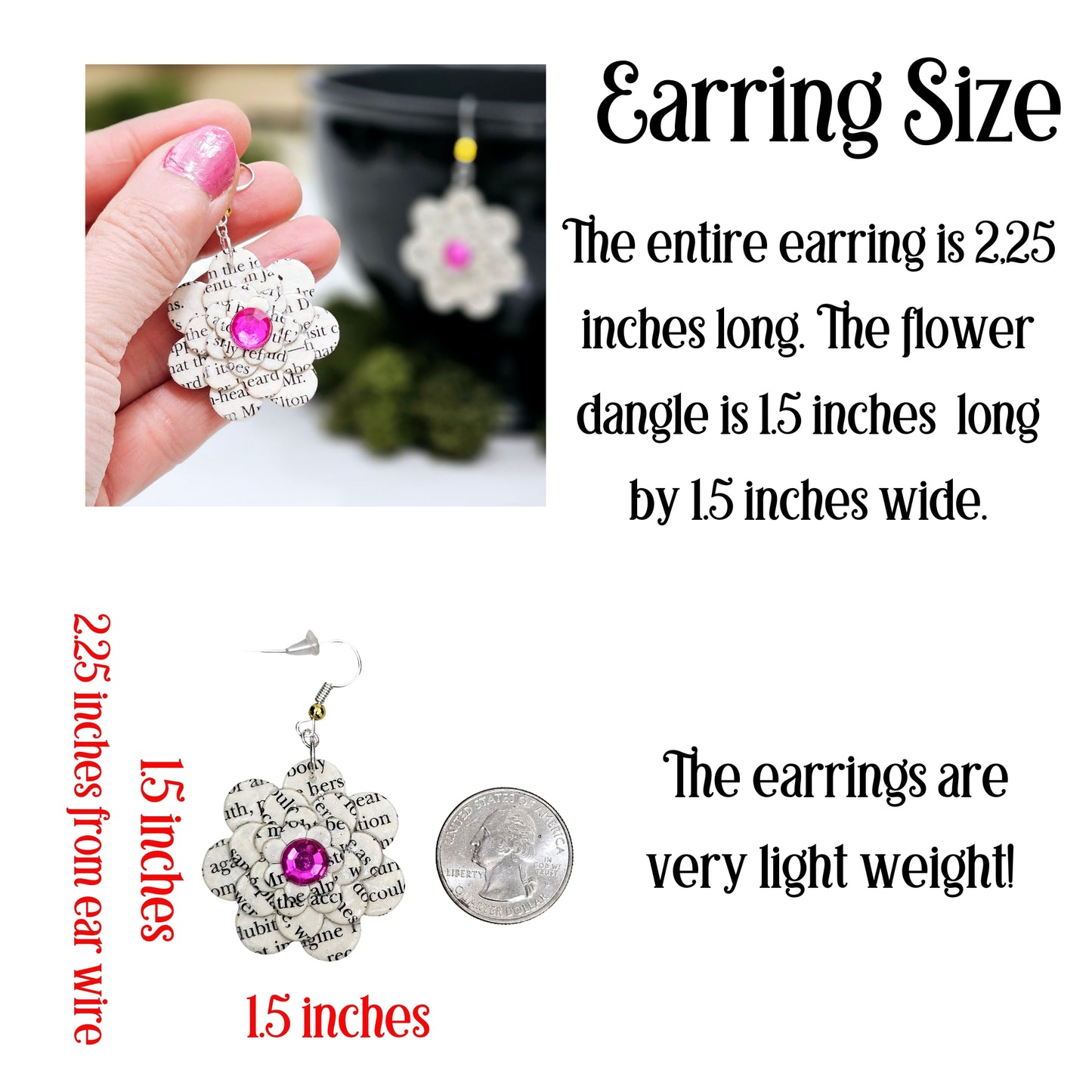 Flower Dangle Book Page Earrings