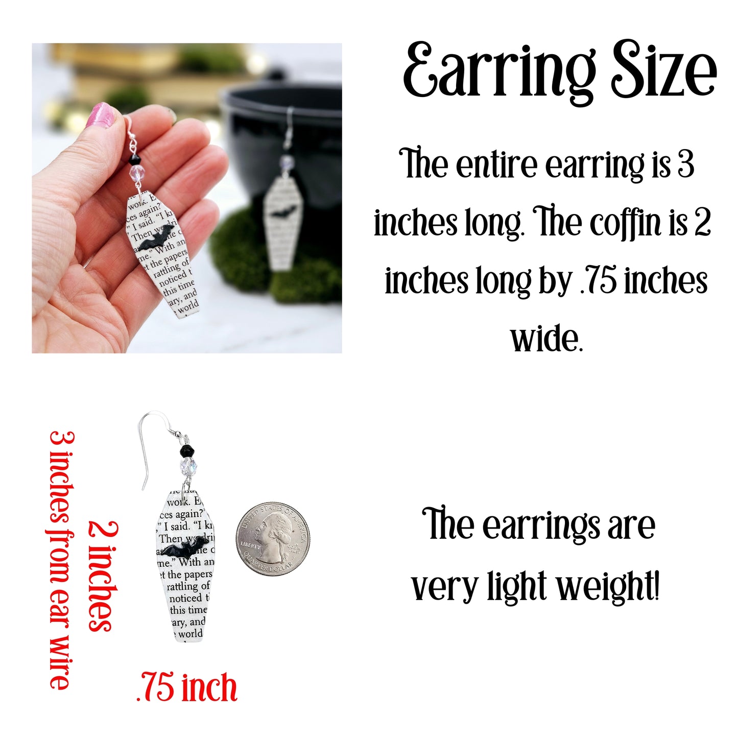 Coffin Book Page Earrings, Gothic Core Jewelry, Vampire Earrings