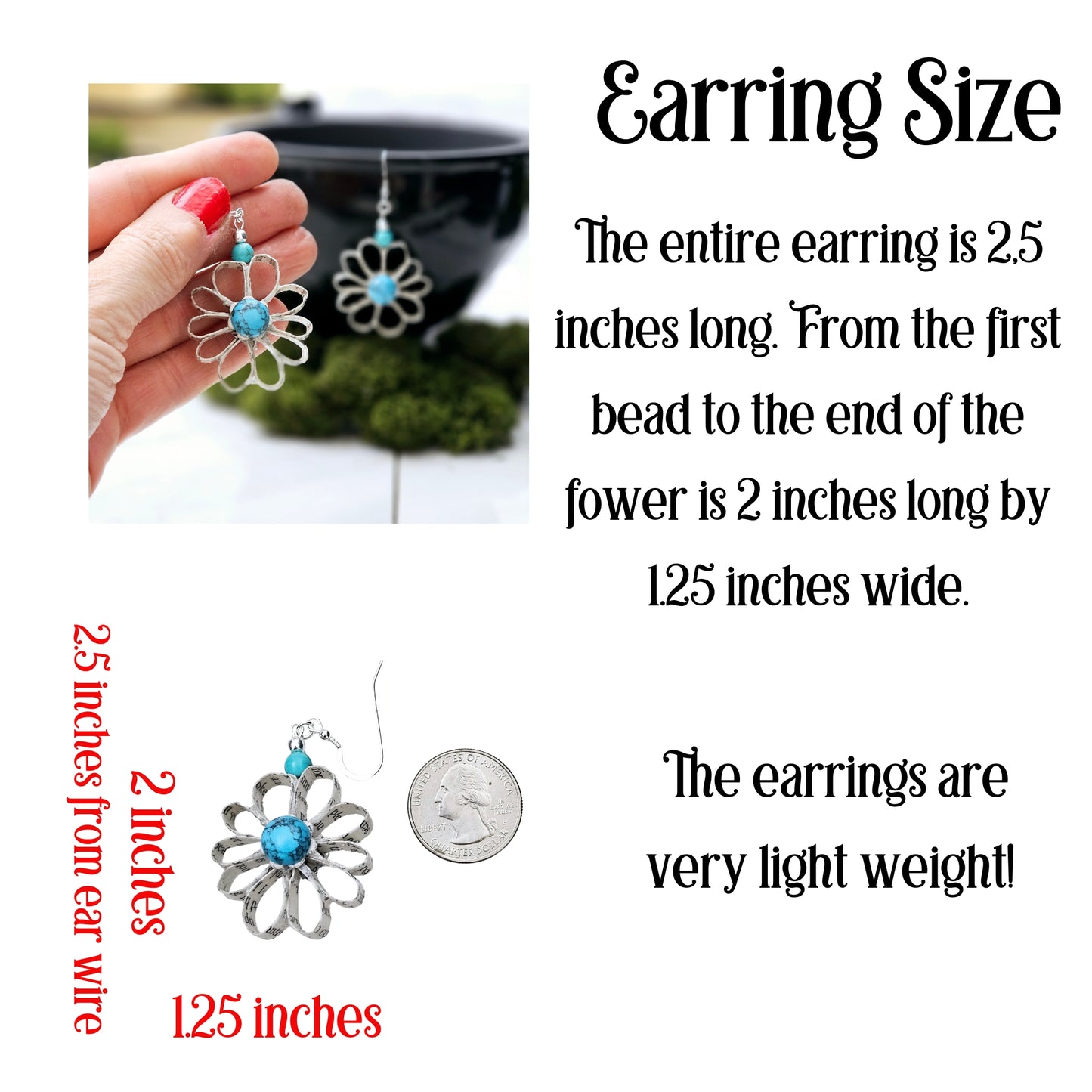 Flower Dangle Book Page Earring with Turquoise Cabachon, Gift for Book Lover