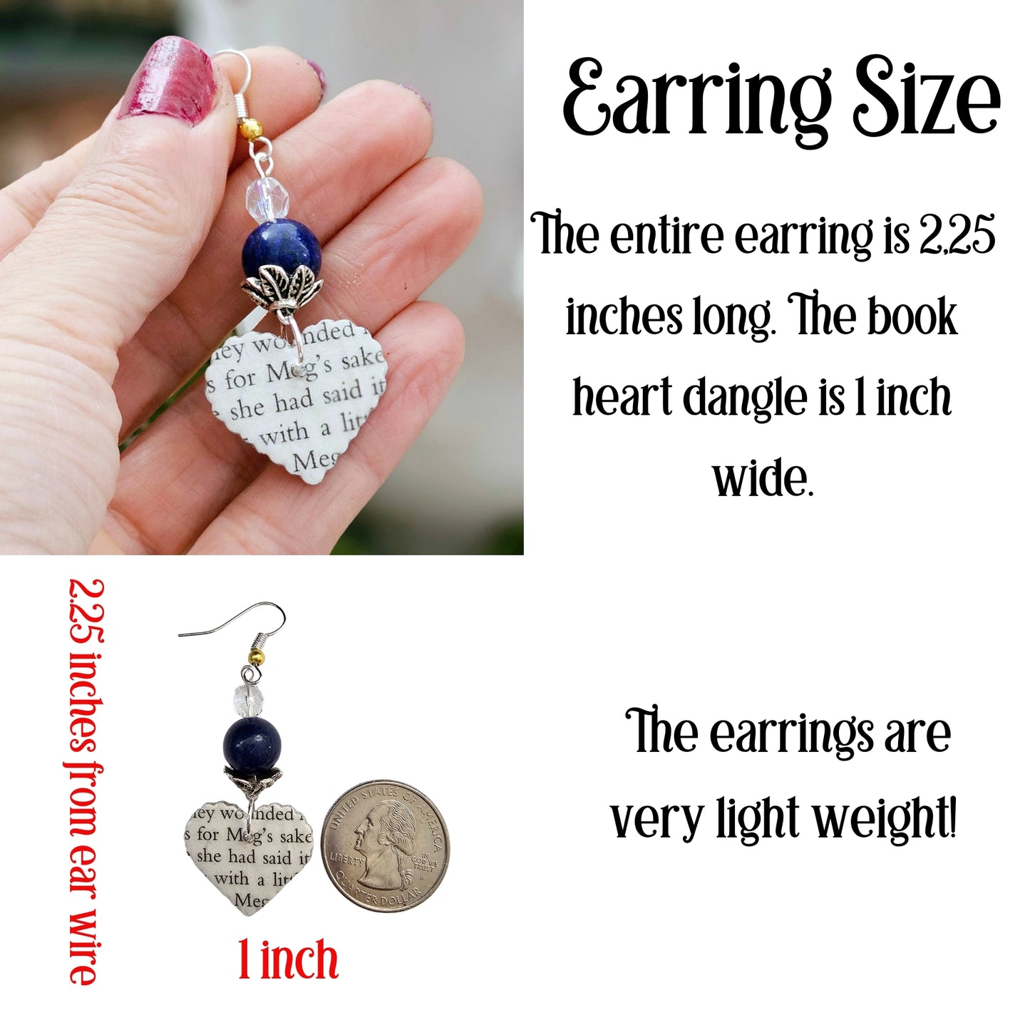 Book Page Heart Dangle Earring with Blue Accent
