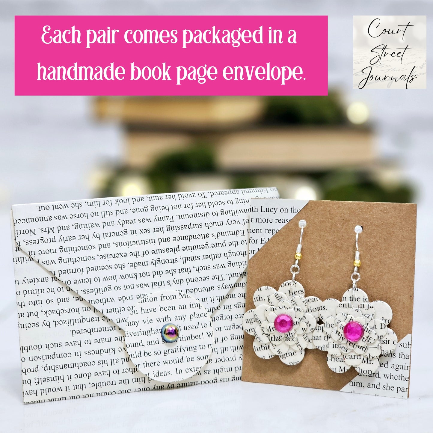 Flower Dangle Book Page Earrings