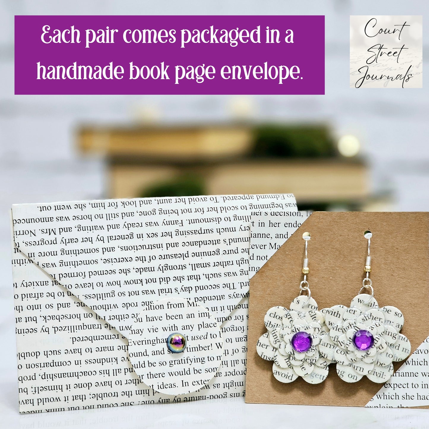 Flower Dangle Book Page Earrings