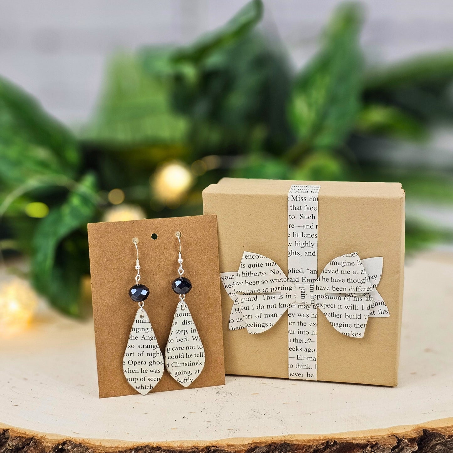 Tear Drop Book Page Dangle Earrings - Handmade Literary Jewelry with glass bead accent, Teacher & Book Lover Gift