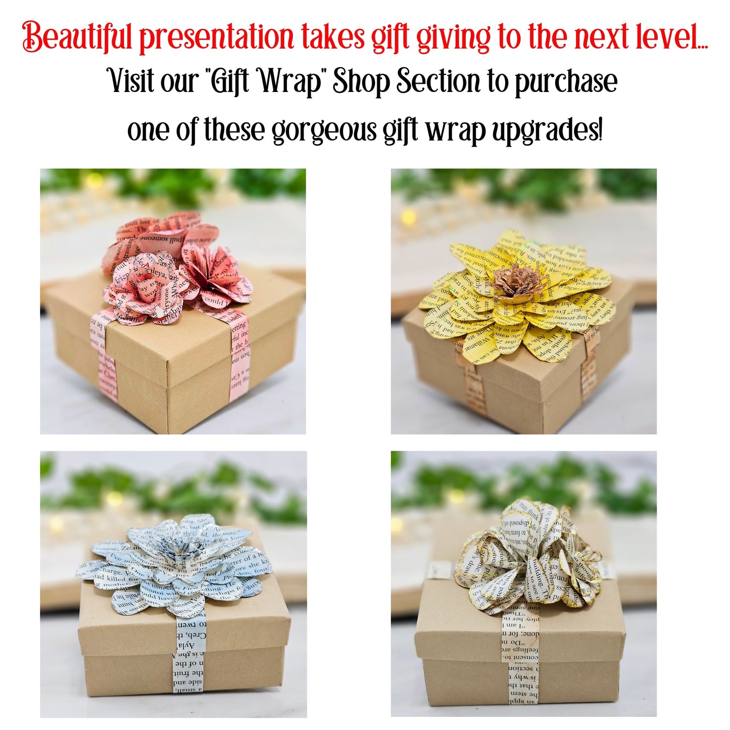 images of the variety of the book page gift boxes I offer, red, yellow, gold