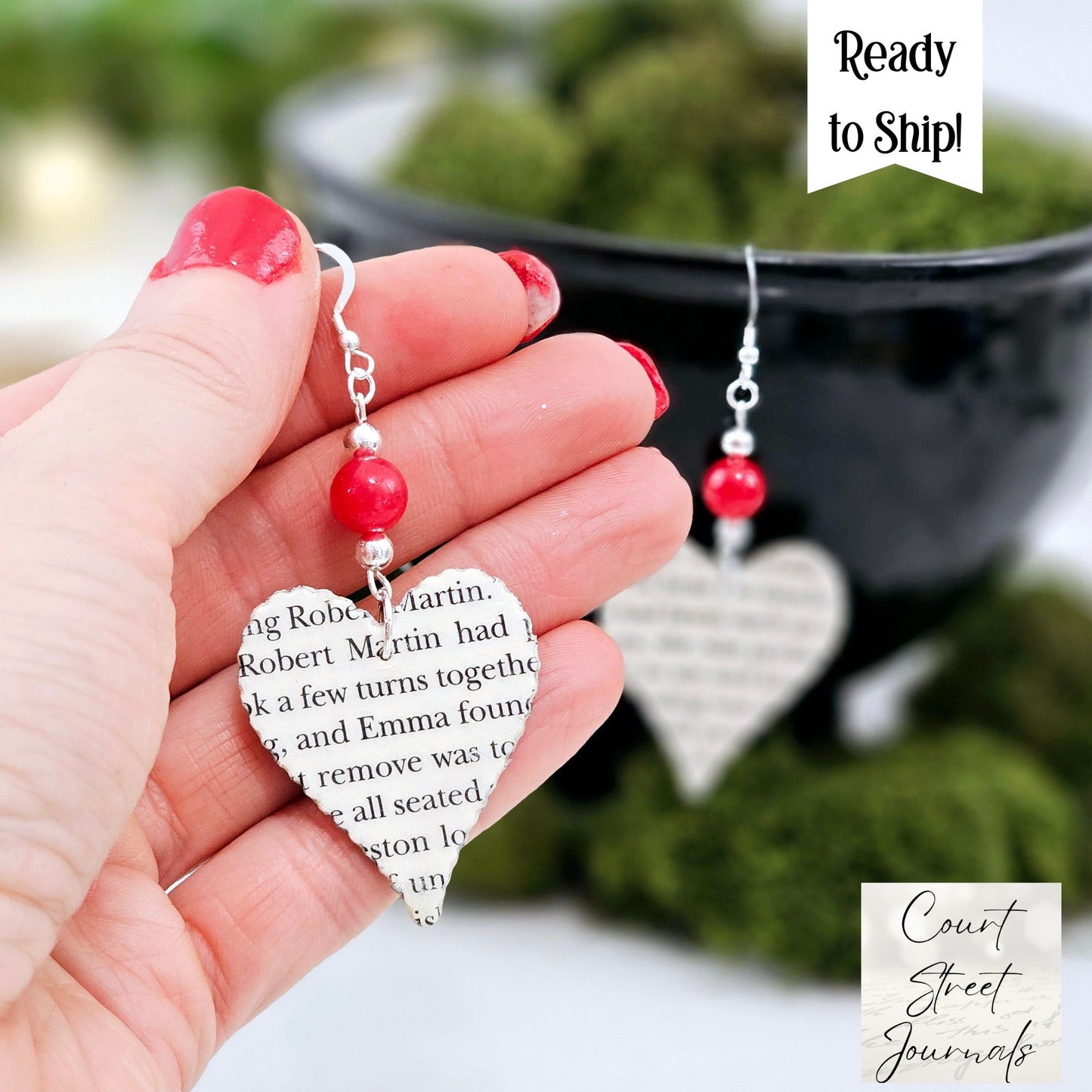 Heart Dangle Book Page Earrings with Red Jade Accent, Gift for Book Lovers, Teachers and Book Clubs