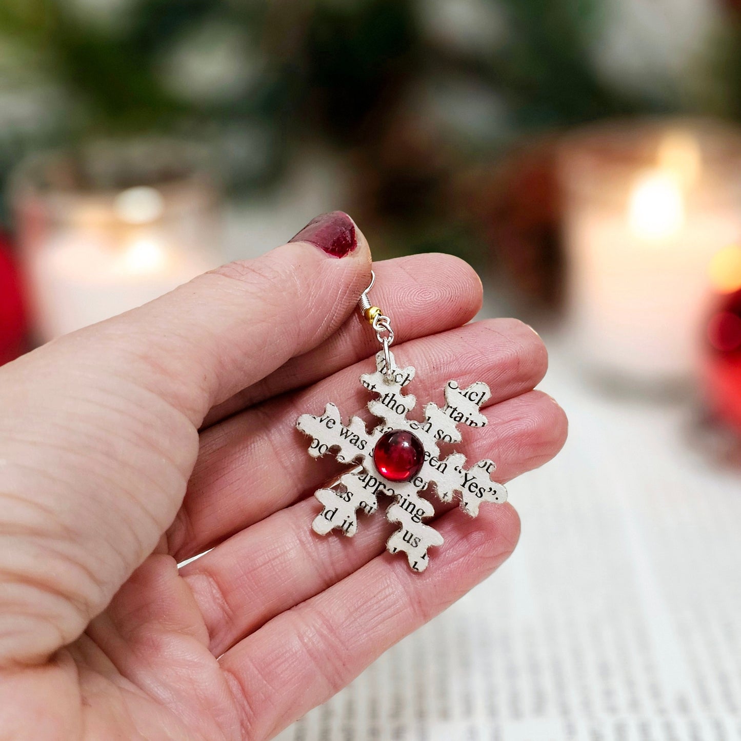 Snowflake Book Page Dangle Earring with Red Accent