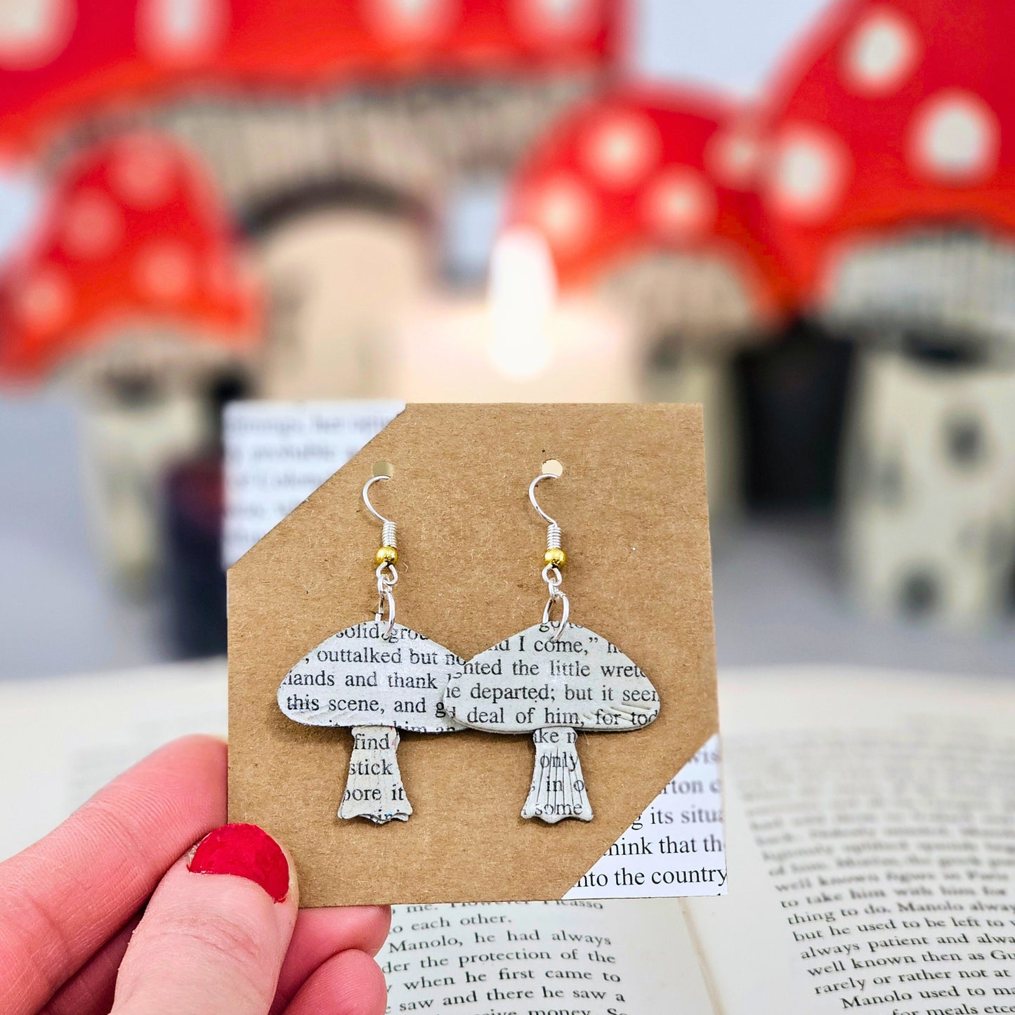 Mushroom Dangle Book Page Earrings for Teacher, Book Lover or Book Club Gift