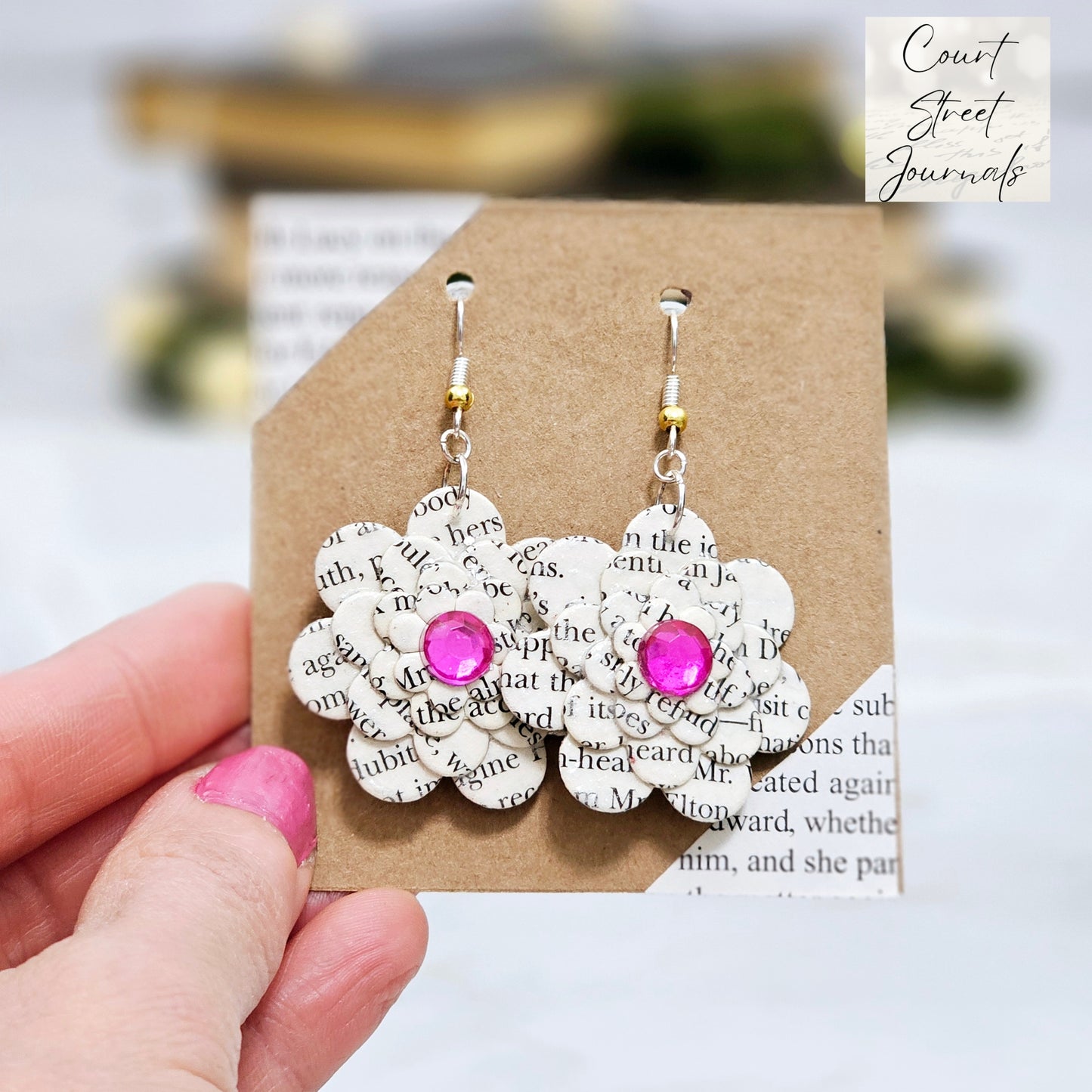 Flower Dangle Book Page Earrings