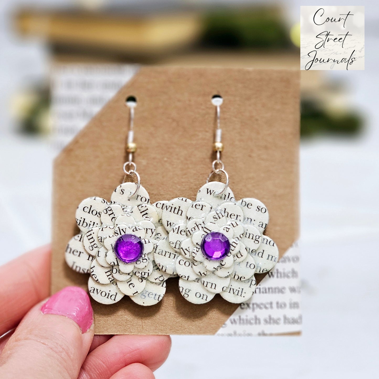 Flower Dangle Book Page Earrings
