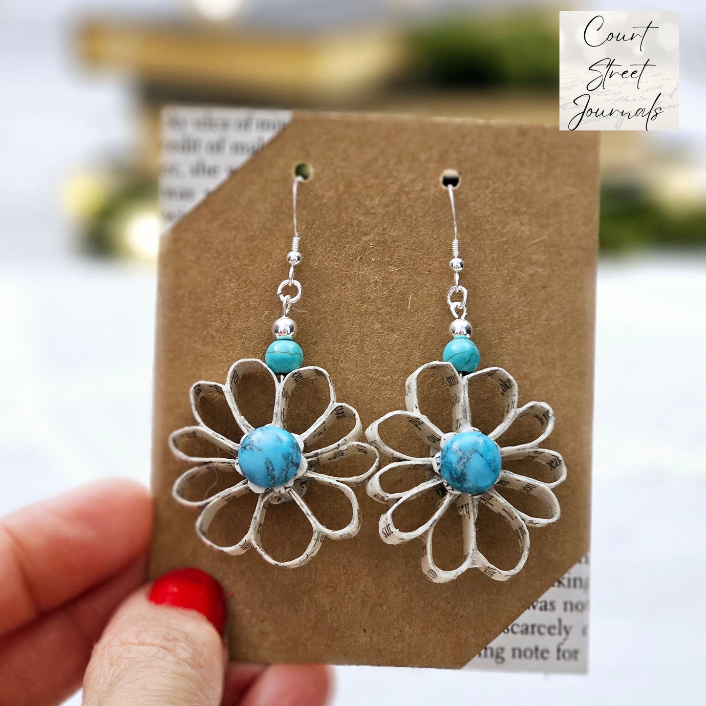 Flower Dangle Book Page Earring with Turquoise Cabachon, Gift for Book Lover
