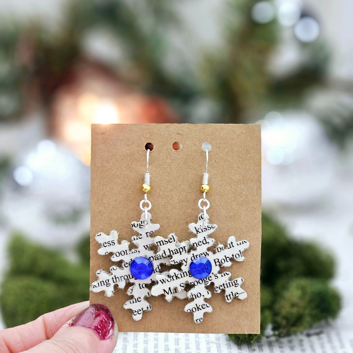Snowflake Dangle Book Page Earrings