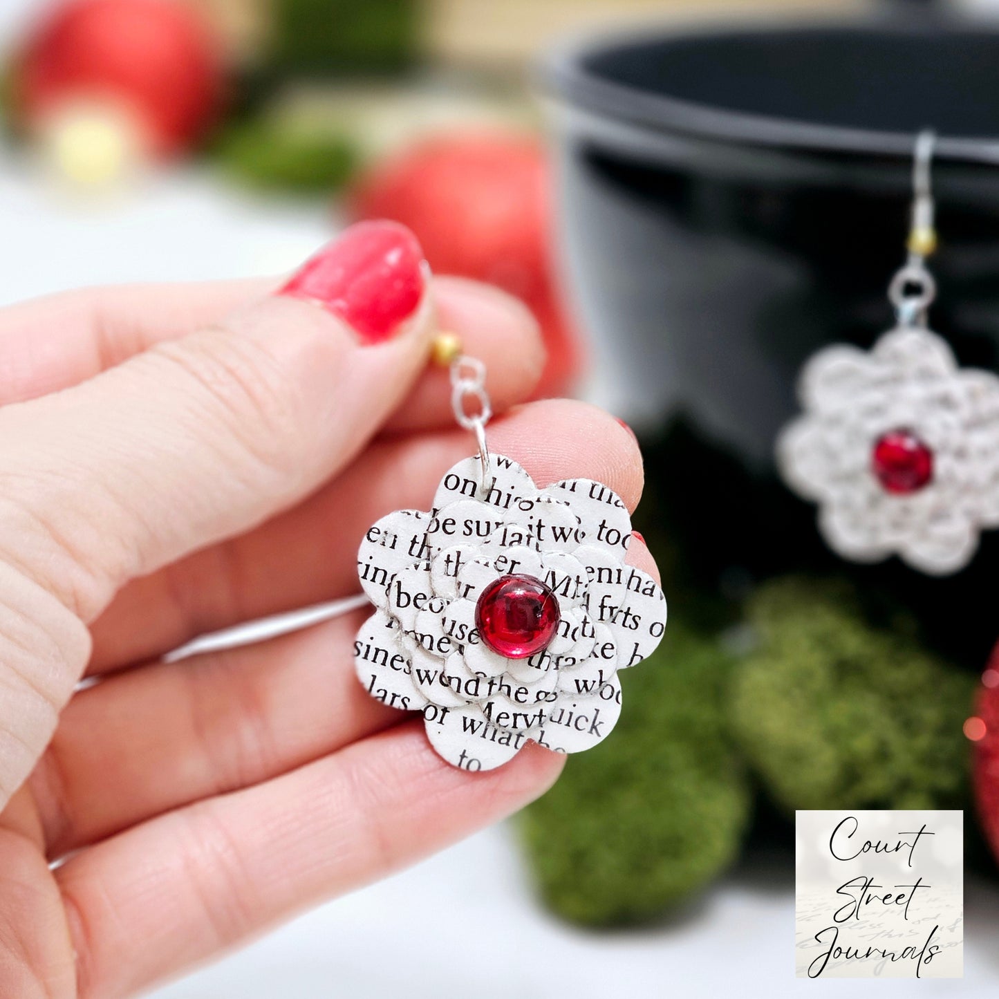 Flower Dangle Book Page Earrings with Red Accent