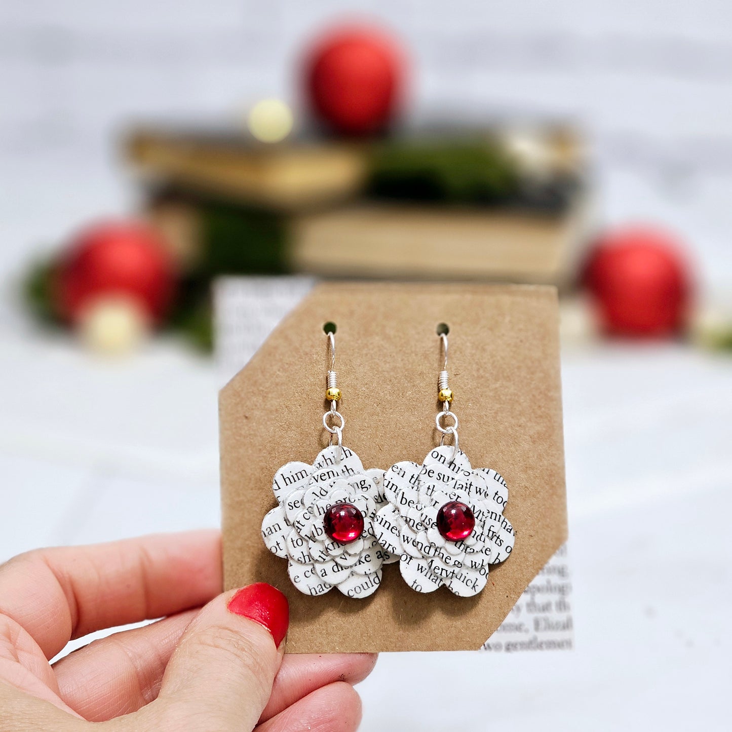 Flower Dangle Book Page Earrings with Red Accent