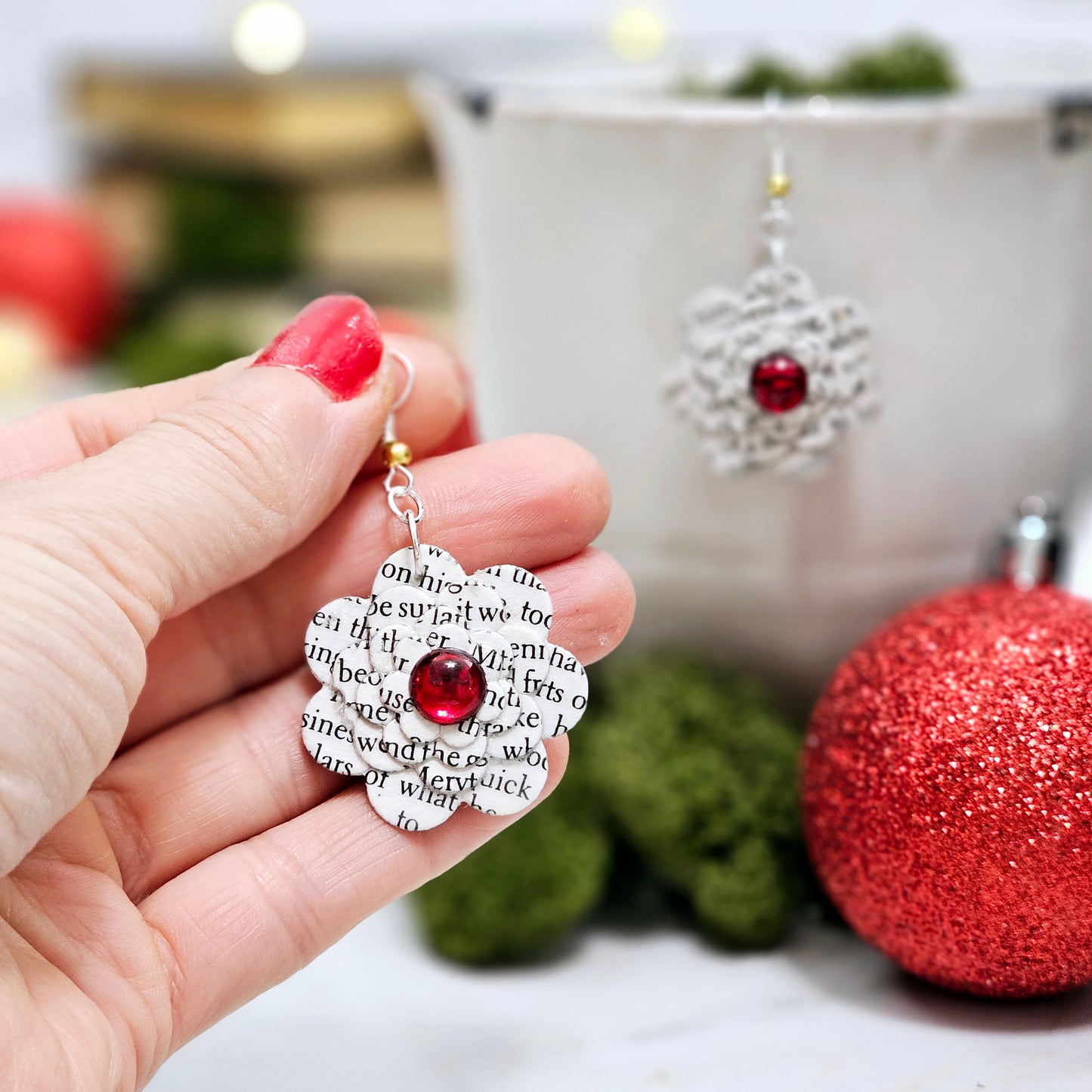 Flower Dangle Book Page Earrings with Red Accent