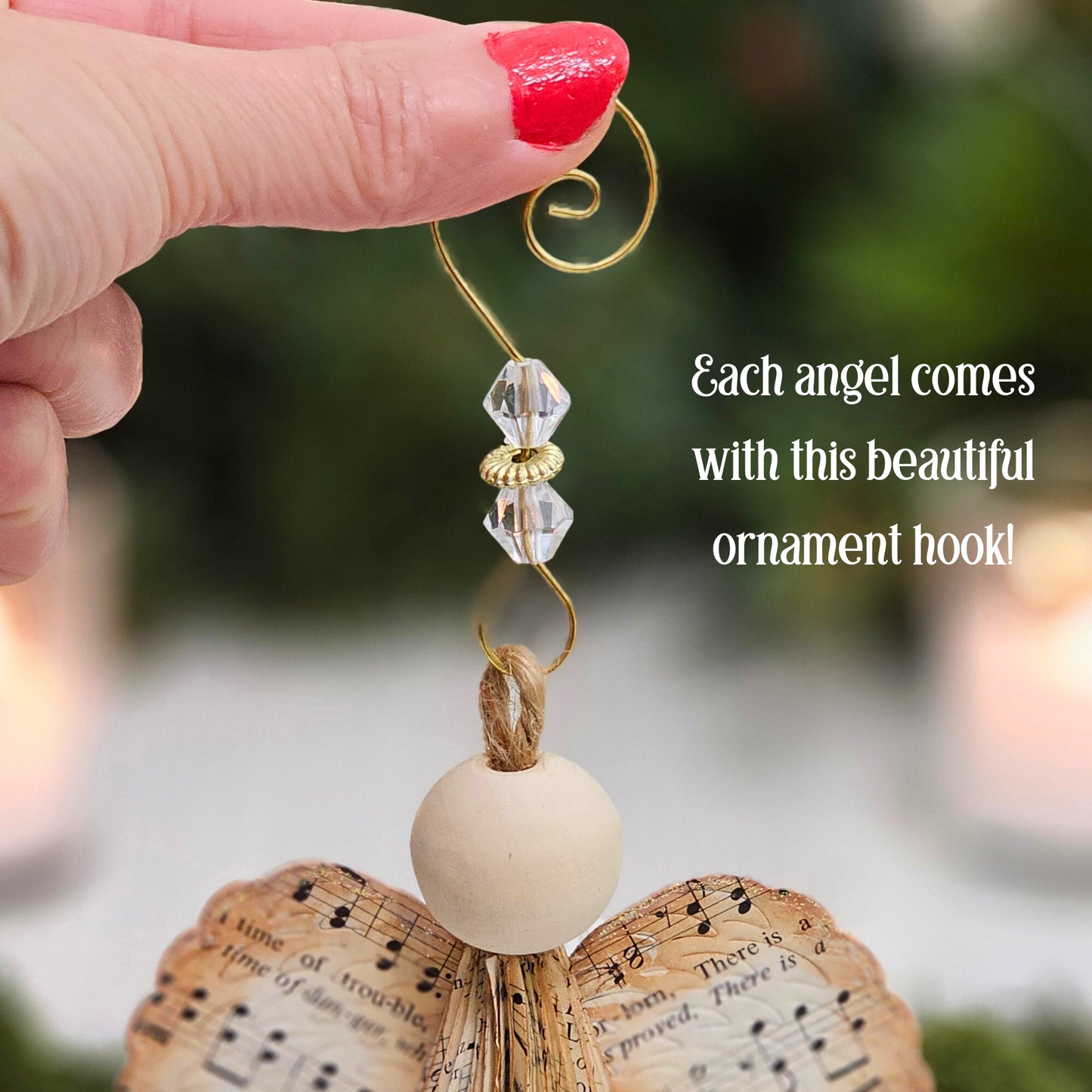 Each angel ornament comes with the beautiful metal and bead ornament hook that is pictured.