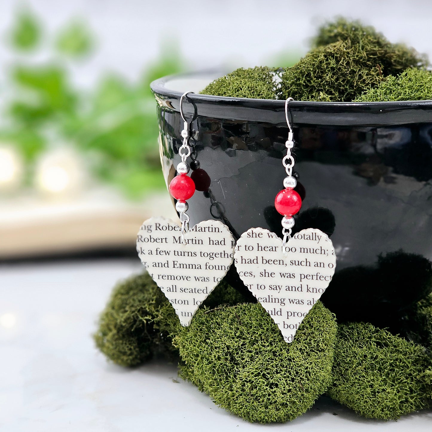 Heart Dangle Book Page Earrings with Red Jade Accent, Gift for Book Lovers, Teachers and Book Clubs