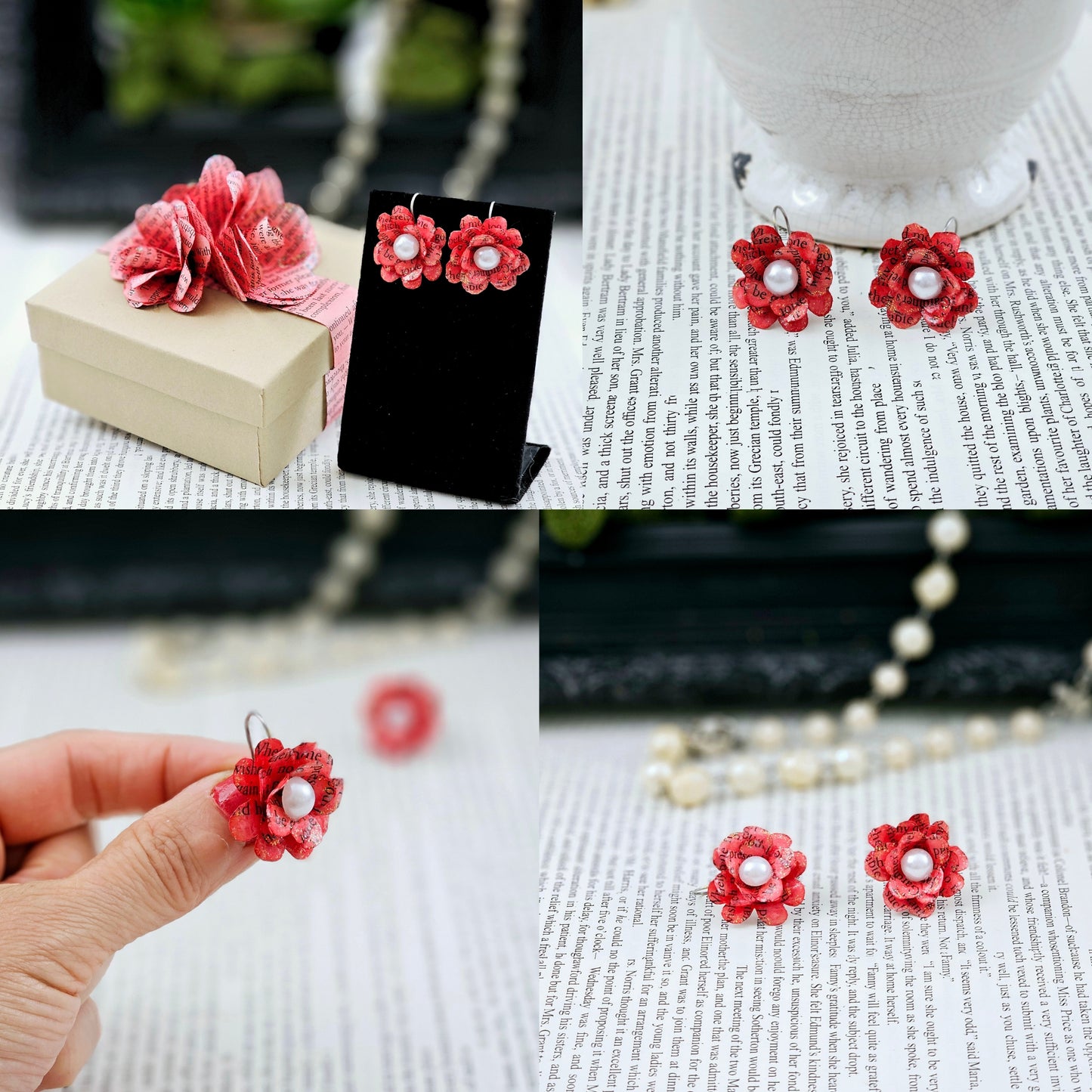 Red Rose Book Page Earrings, Drop Ear Wire made of stainless steel. The center of the rose has a whie acrylic accent. Each pair comes in a gift box adorned with 3 paper roses.