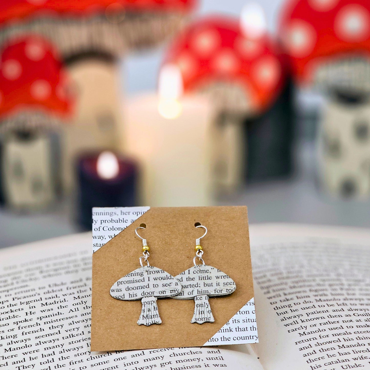 Mushroom Dangle Book Page Earrings for Teacher, Book Lover or Book Club Gift