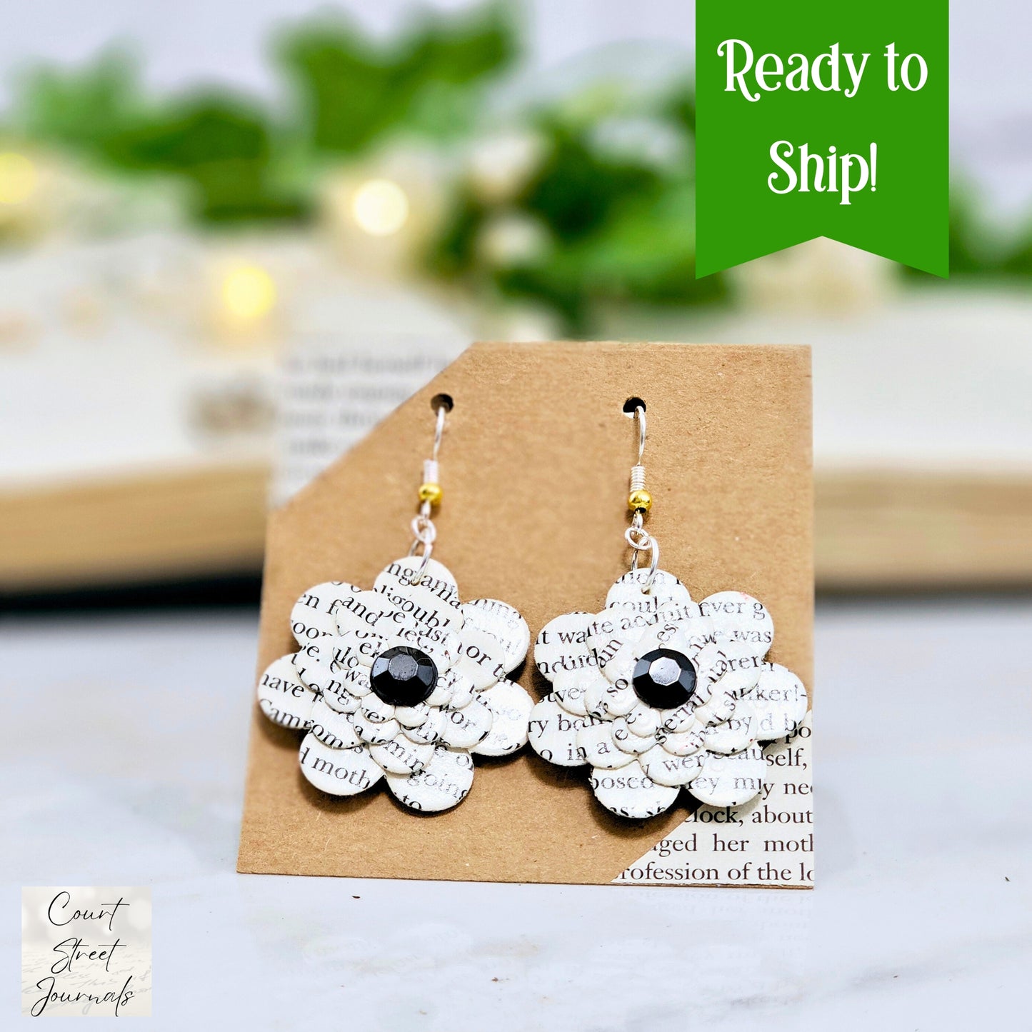 Flower Dangle Book Page Earrings