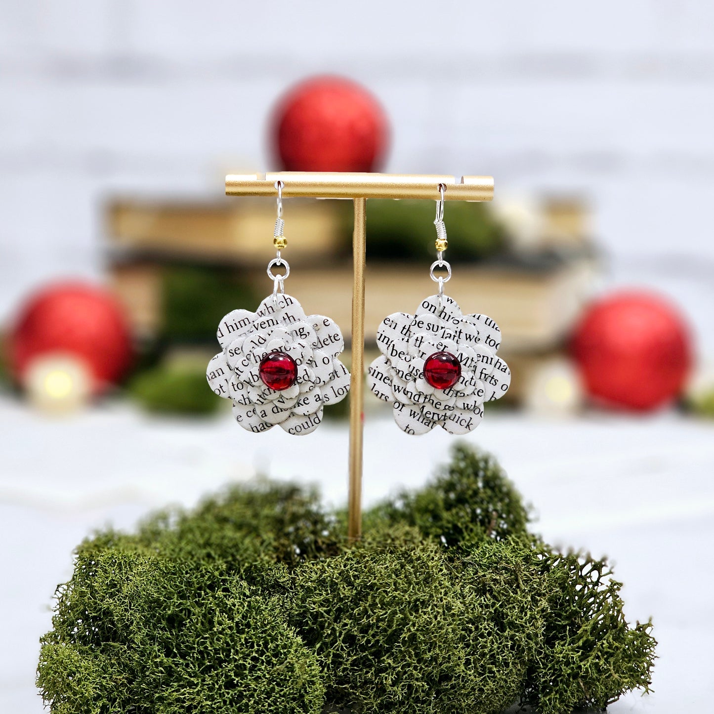 Flower Dangle Book Page Earrings with Red Accent