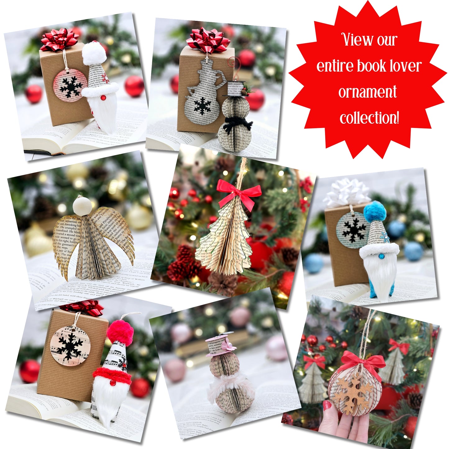 Pictures of our book page ornament collection.
