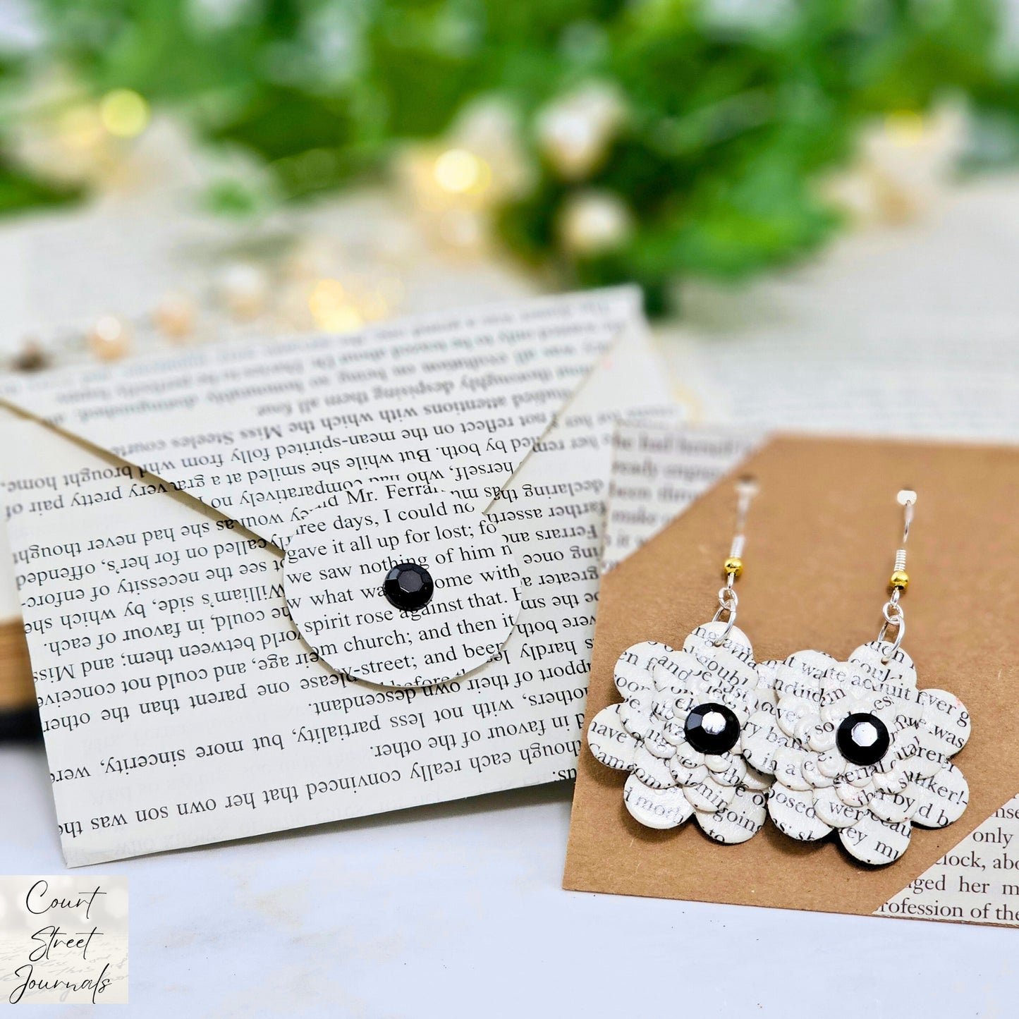 Flower Dangle Book Page Earrings