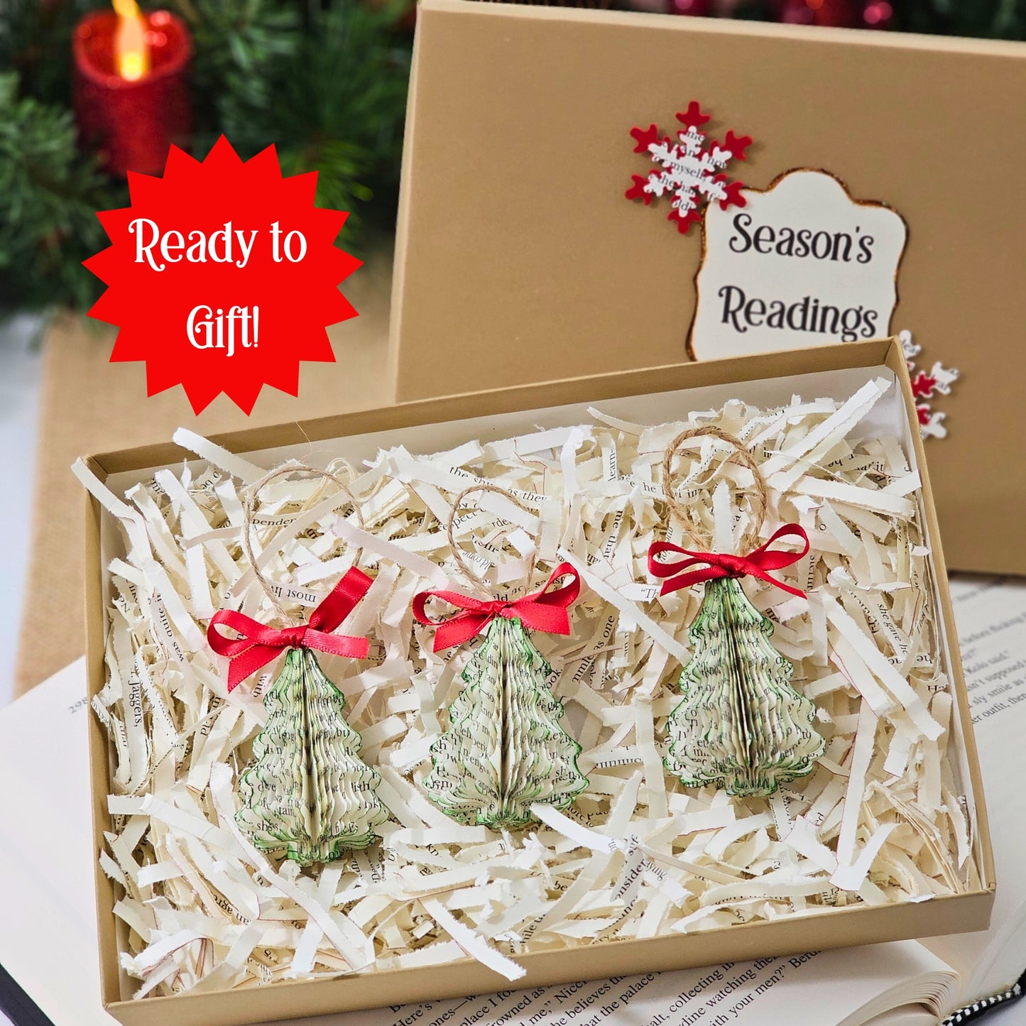 Tiny Book Page Christmas Tree Ornaments, Set of 3