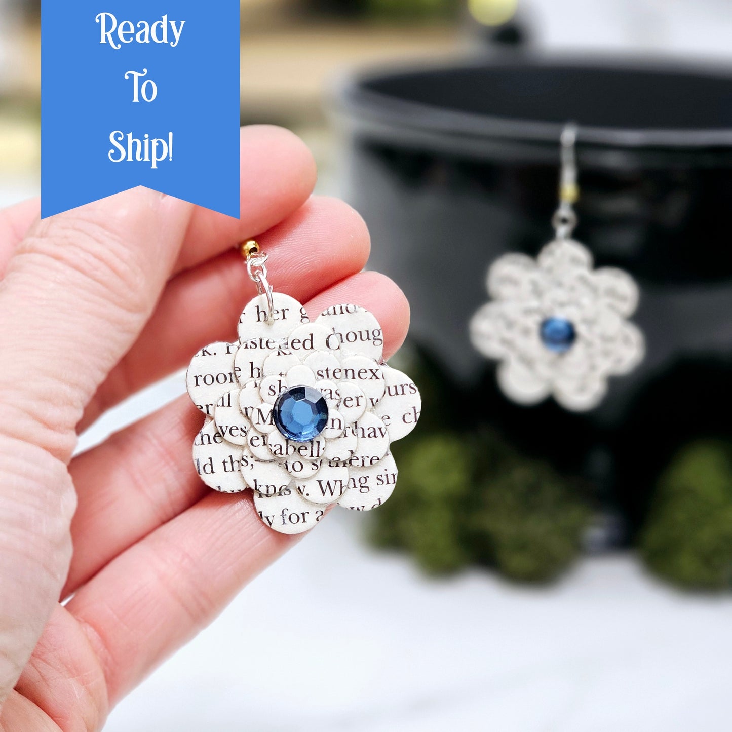 Flower Dangle Book Page Earrings for Teacher Appreciation, Book Lover and Book Club Gift