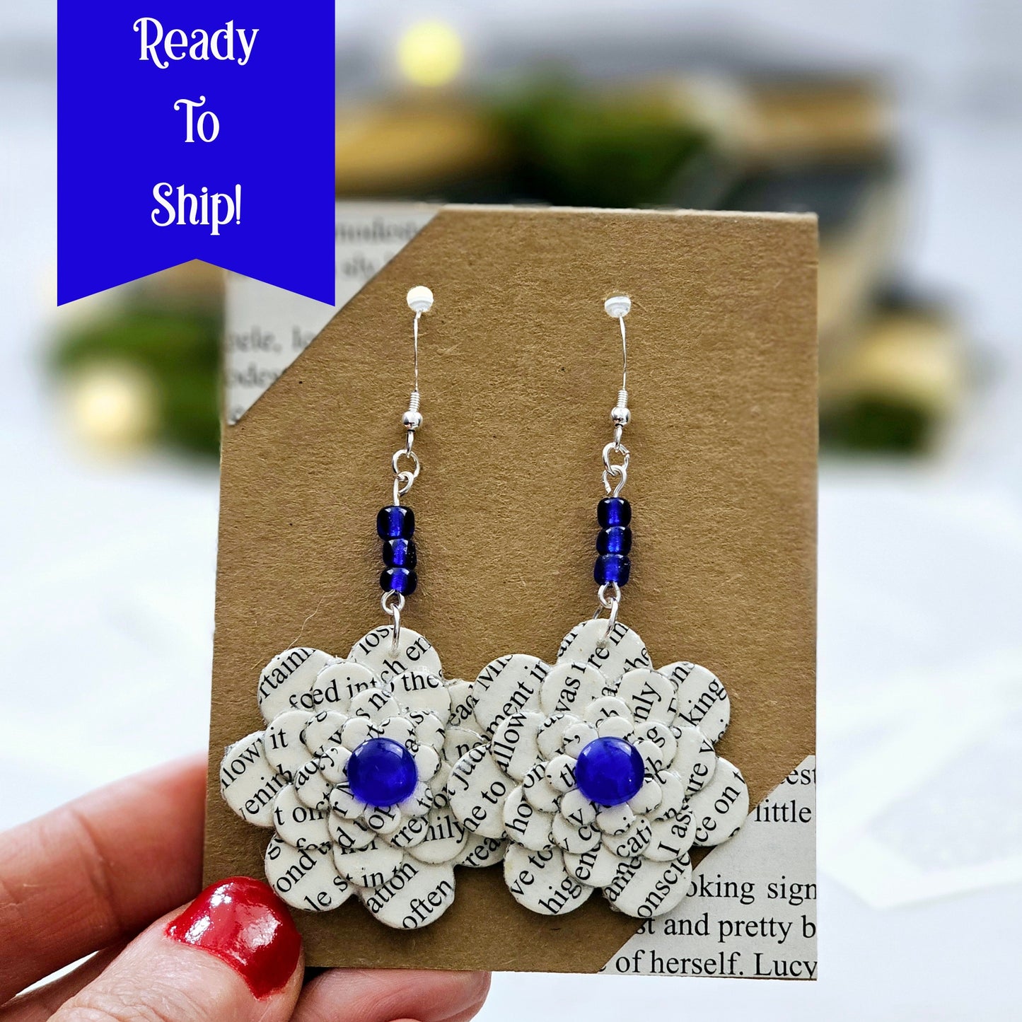 Flower Dangle Book Page Earrings for Teacher Appreciation, Book Lover or Book Club Gift Idea